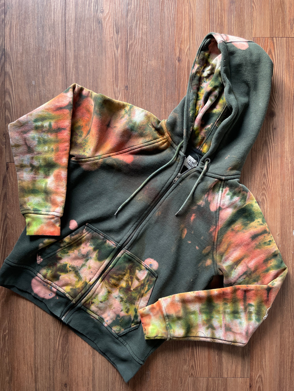 LARGE Men’s Huckberry Flint and Tinder 100-Year Handmade Tie Dye Sweatshirt | Forest Green, Orange, and Yellow Long Sleeve Hoodie