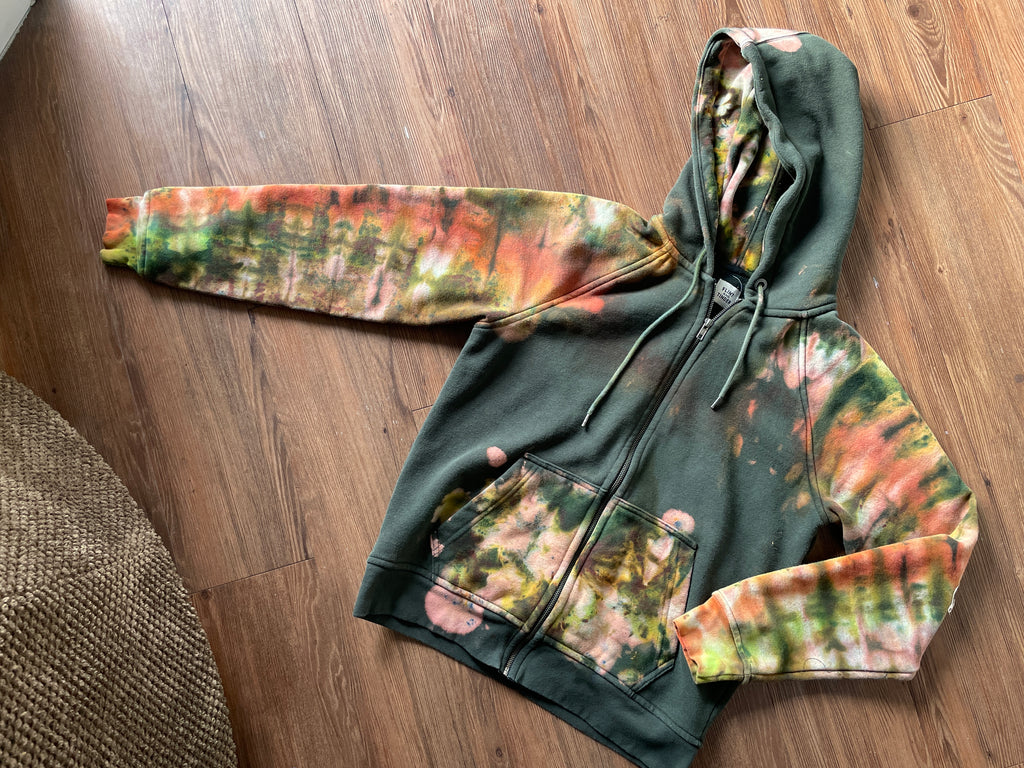 LARGE Men’s Huckberry Flint and Tinder 100-Year Handmade Tie Dye Sweatshirt | Forest Green, Orange, and Yellow Long Sleeve Hoodie