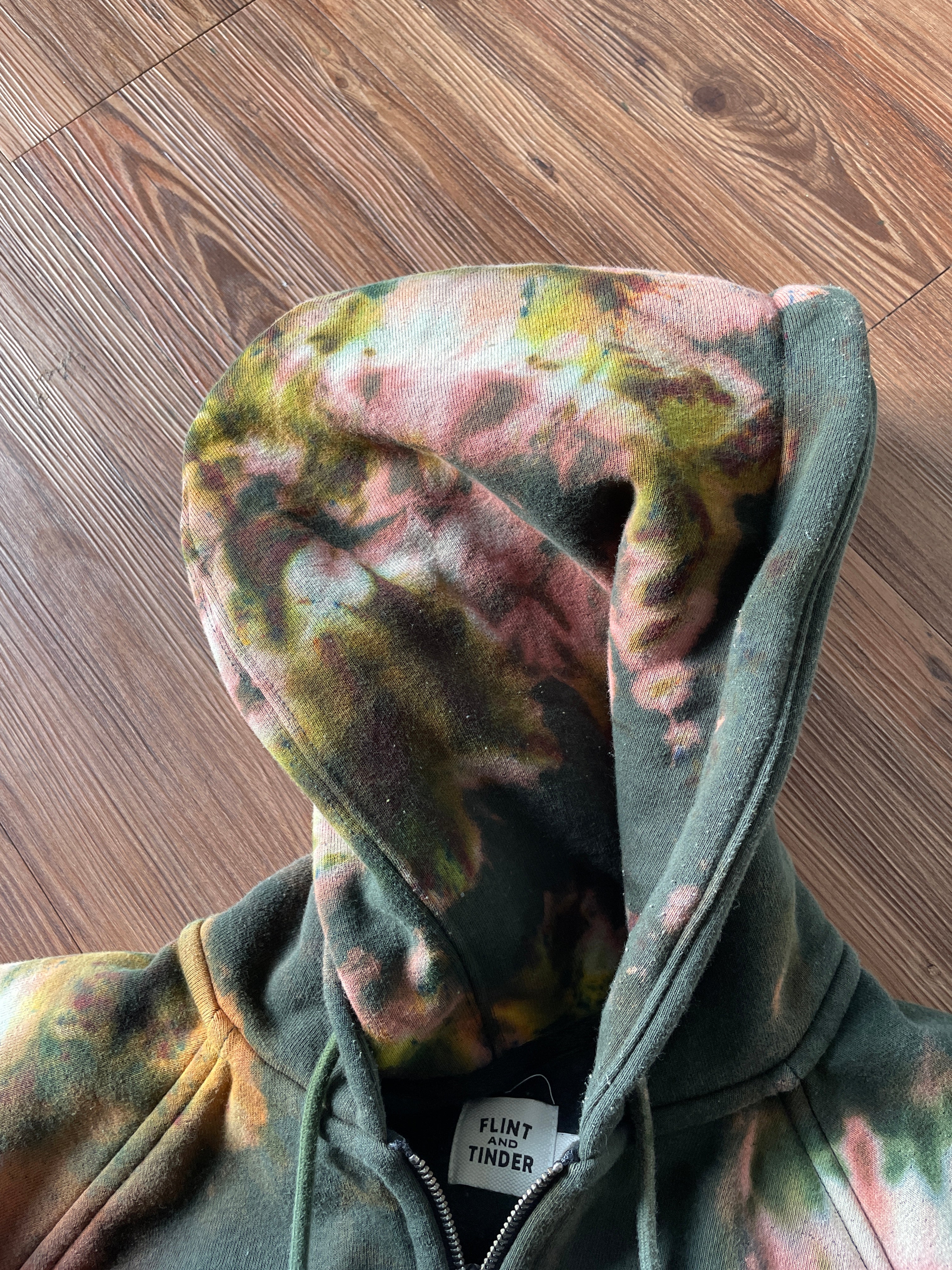 LARGE Men’s Huckberry Flint and Tinder 100-Year Handmade Tie Dye Sweatshirt | Forest Green, Orange, and Yellow Long Sleeve Hoodie