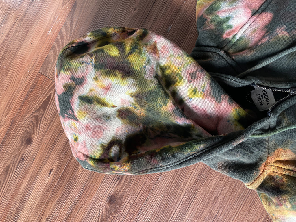 LARGE Men’s Huckberry Flint and Tinder 100-Year Handmade Tie Dye Sweatshirt | Forest Green, Orange, and Yellow Long Sleeve Hoodie