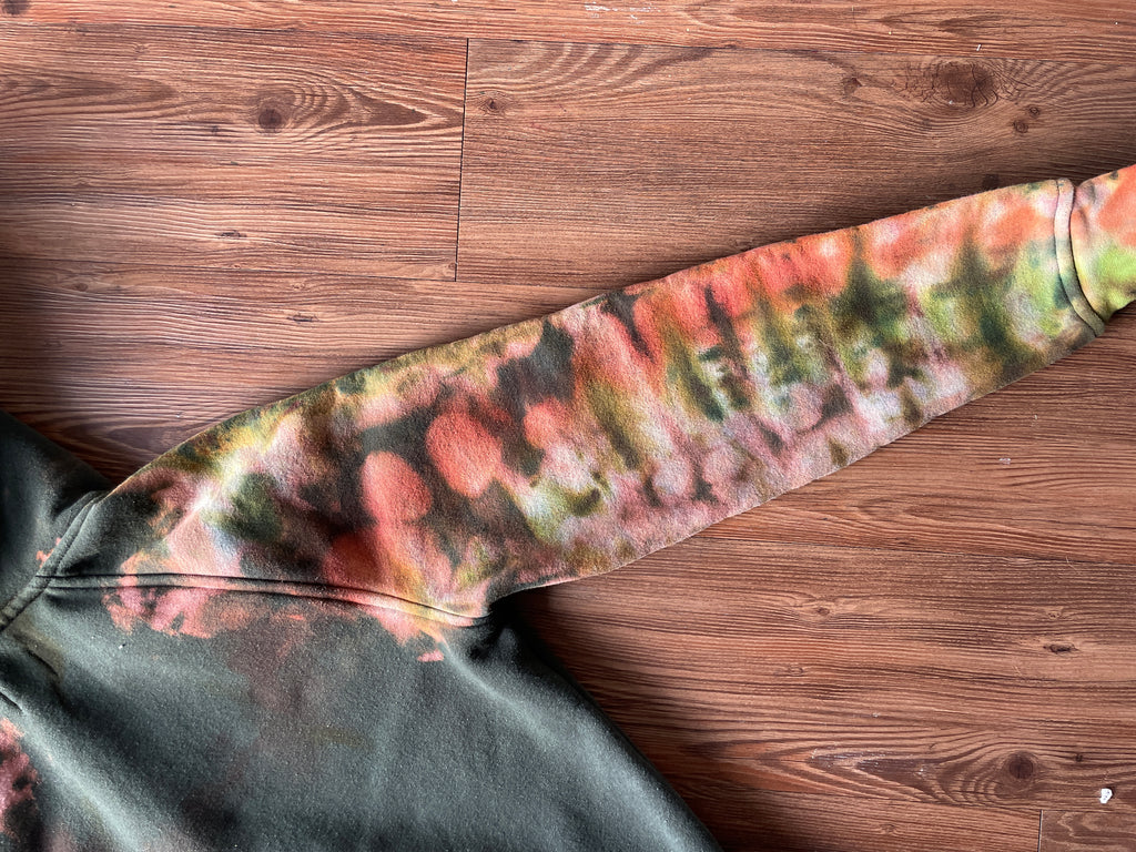 LARGE Men’s Huckberry Flint and Tinder 100-Year Handmade Tie Dye Sweatshirt | Forest Green, Orange, and Yellow Long Sleeve Hoodie