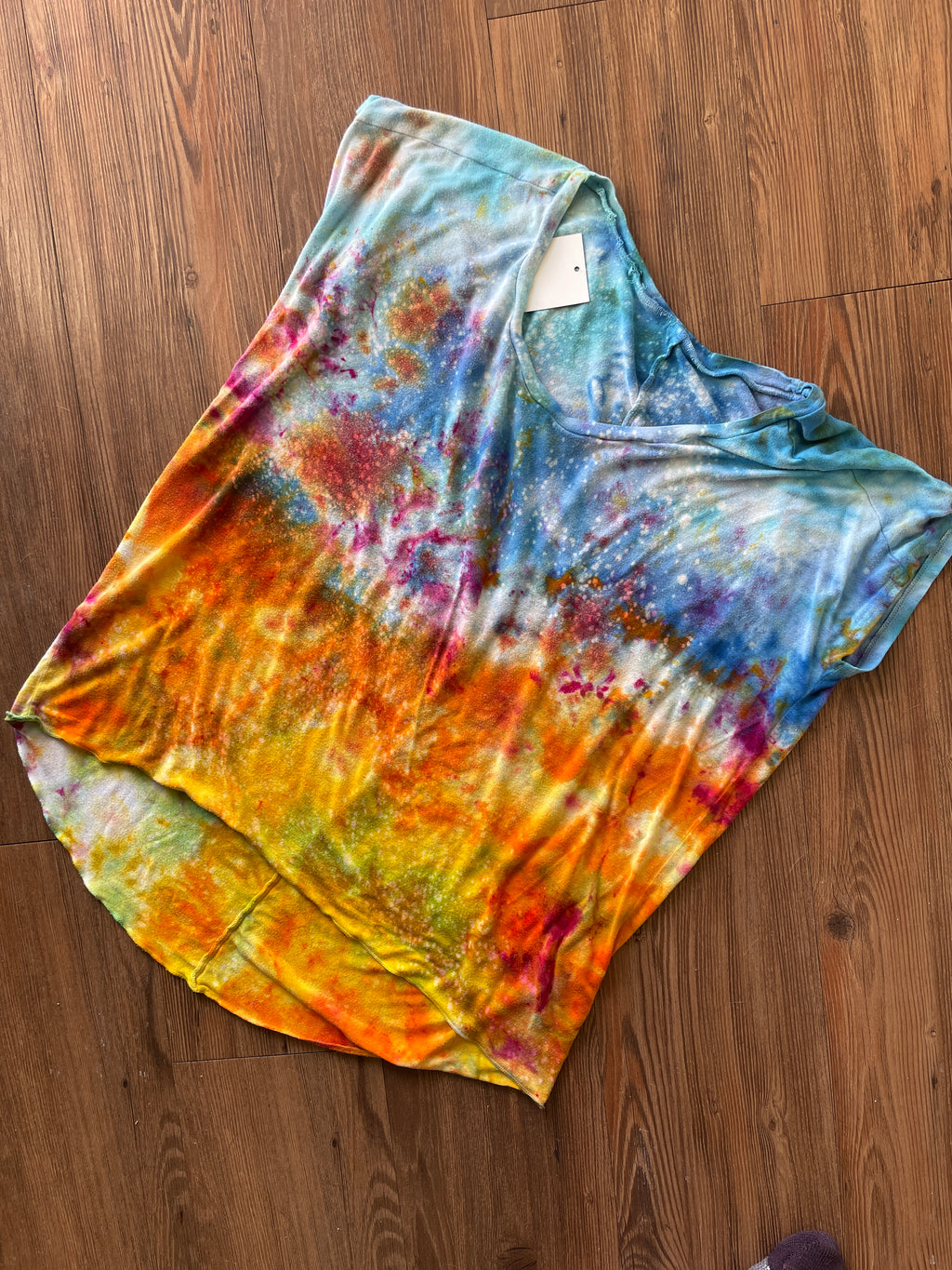 MEDIUM Women's good hYOUman Sunrise Galaxy Tie Dye Flowy T-Shirt | Blue, Pink and Yellow Ice Dye Short Sleeve