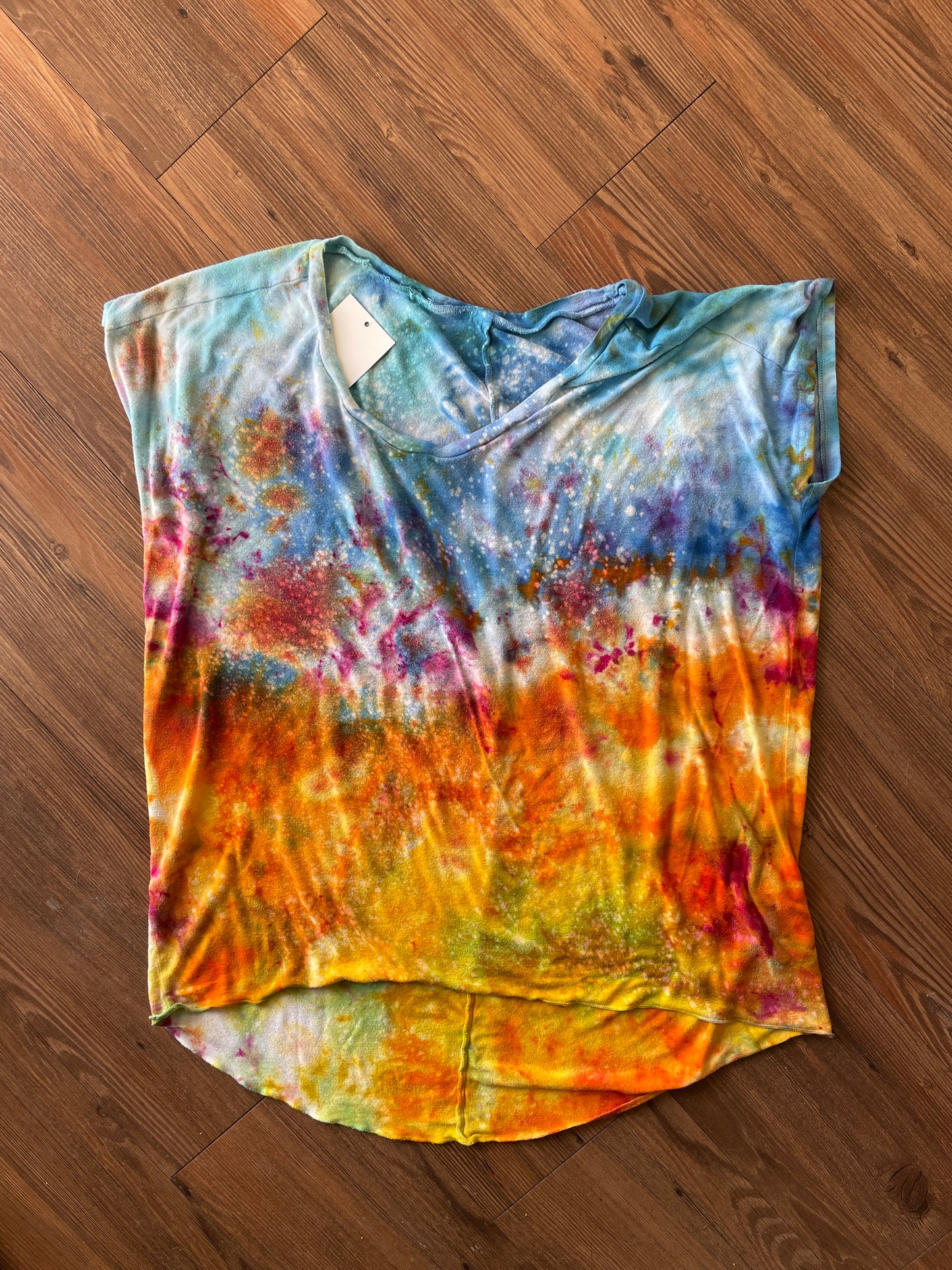 MEDIUM Women's good hYOUman Sunrise Galaxy Tie Dye Flowy T-Shirt | Blue, Pink and Yellow Ice Dye Short Sleeve