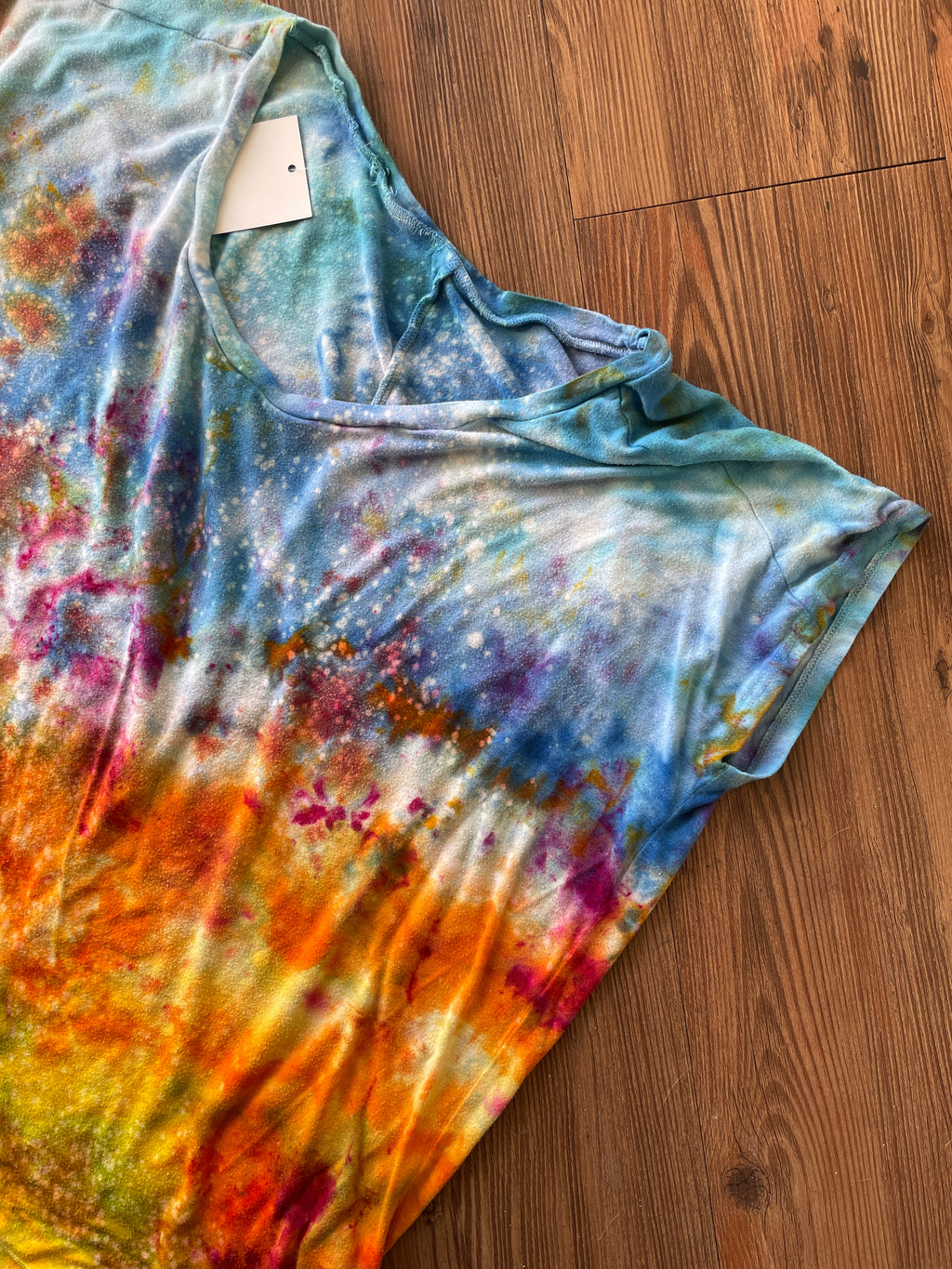 MEDIUM Women's good hYOUman Sunrise Galaxy Tie Dye Flowy T-Shirt | Blue, Pink and Yellow Ice Dye Short Sleeve