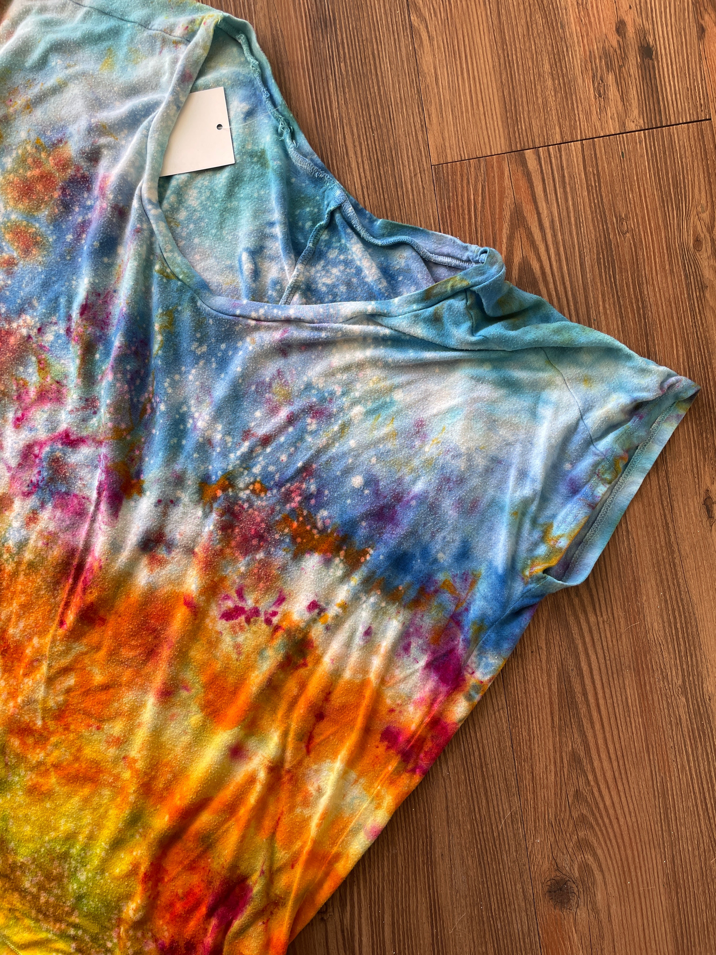MEDIUM Women's good hYOUman Sunrise Galaxy Tie Dye Flowy T-Shirt | Blue, Pink and Yellow Ice Dye Short Sleeve