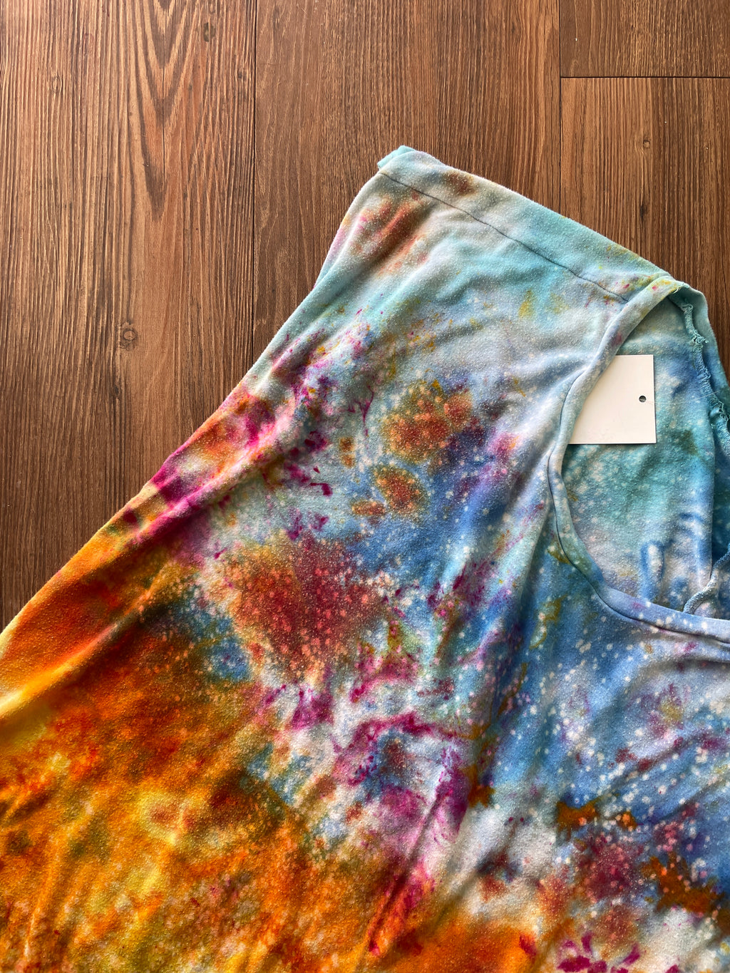 MEDIUM Women's good hYOUman Sunrise Galaxy Tie Dye Flowy T-Shirt | Blue, Pink and Yellow Ice Dye Short Sleeve