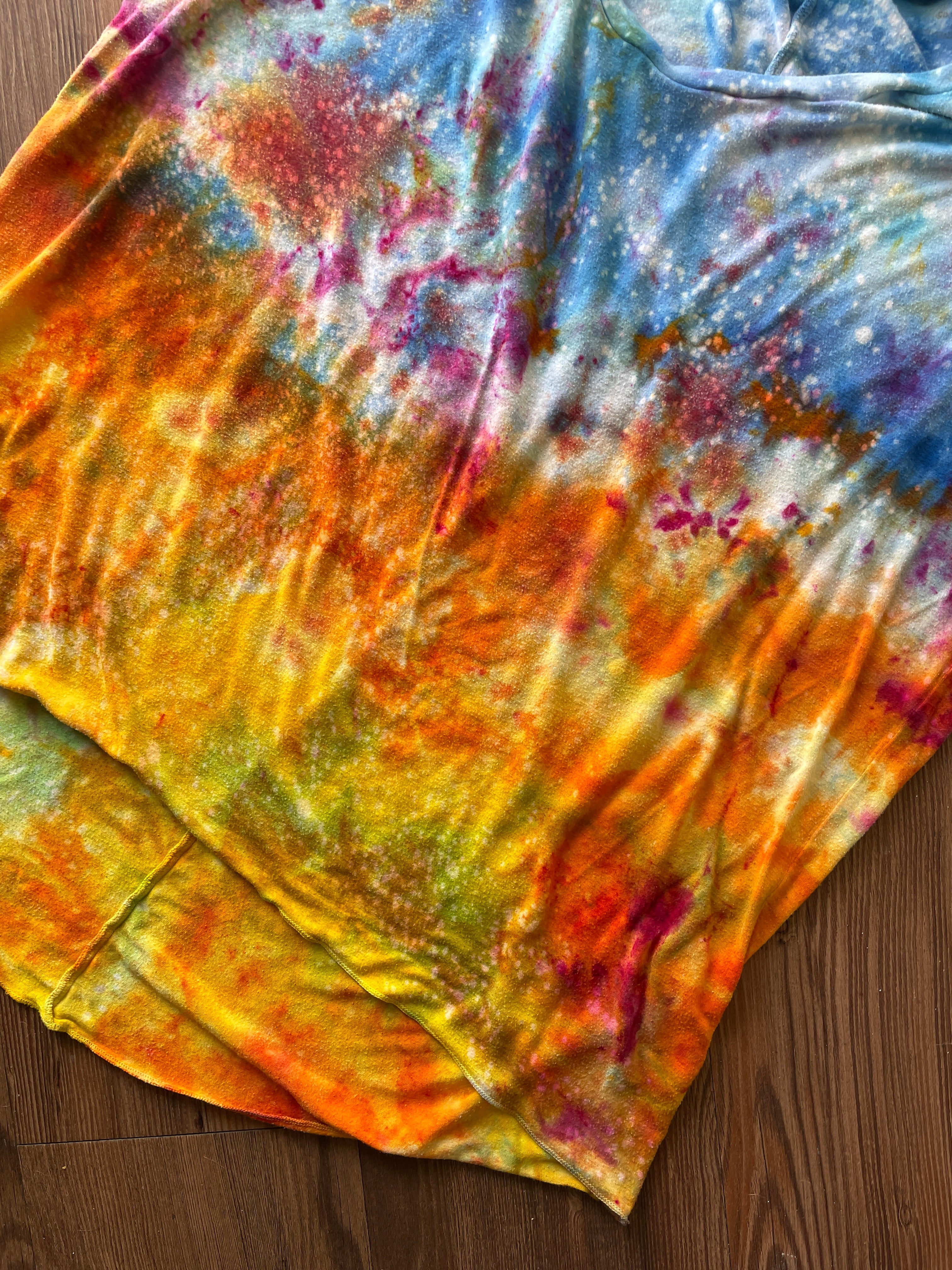 MEDIUM Women's good hYOUman Sunrise Galaxy Tie Dye Flowy T-Shirt | Blue, Pink and Yellow Ice Dye Short Sleeve