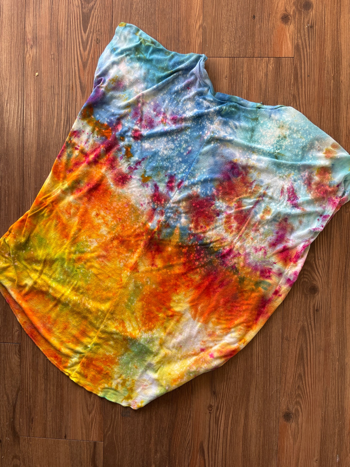 MEDIUM Women's good hYOUman Sunrise Galaxy Tie Dye Flowy T-Shirt | Blue, Pink and Yellow Ice Dye Short Sleeve