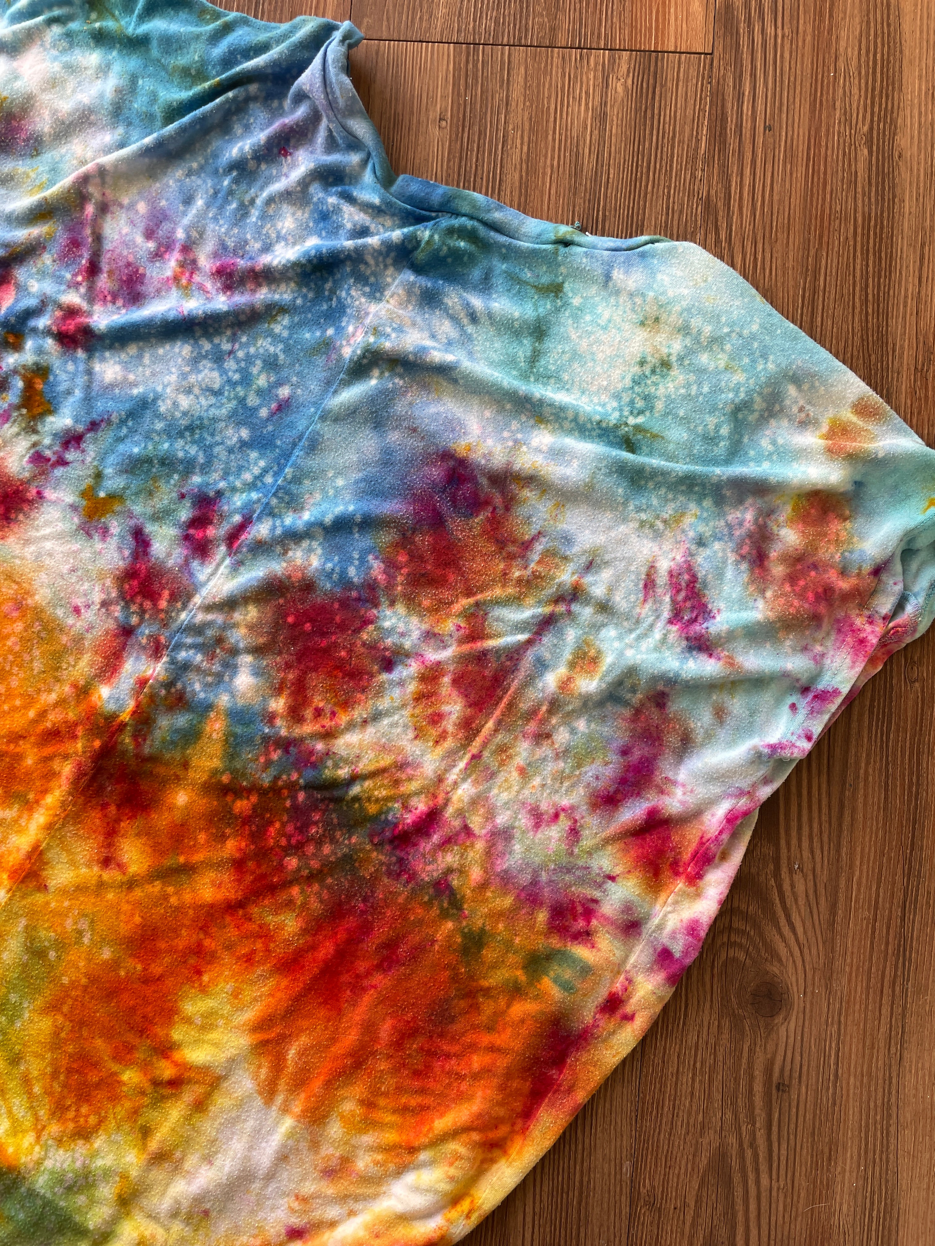 MEDIUM Women's good hYOUman Sunrise Galaxy Tie Dye Flowy T-Shirt | Blue, Pink and Yellow Ice Dye Short Sleeve