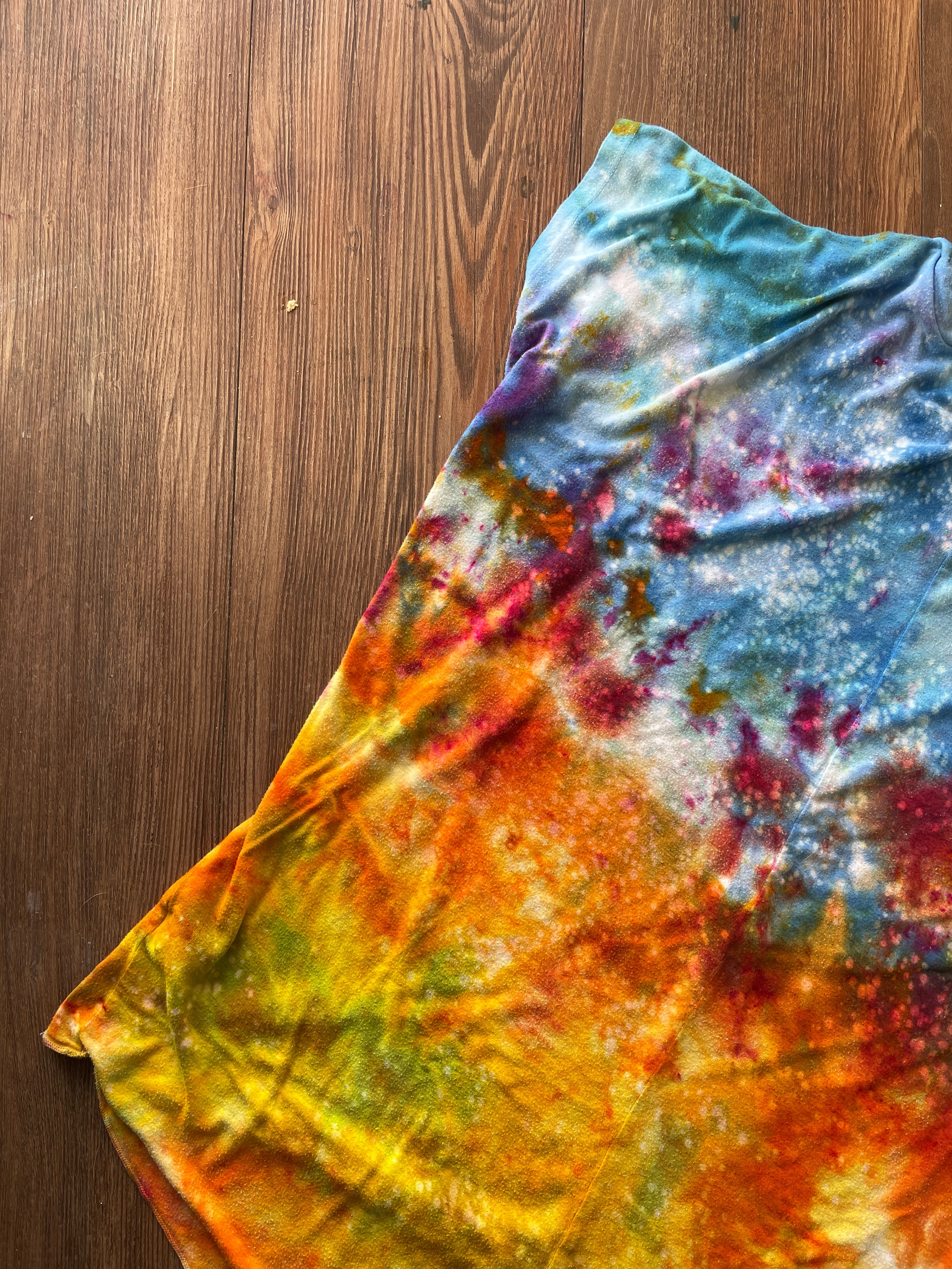 MEDIUM Women's good hYOUman Sunrise Galaxy Tie Dye Flowy T-Shirt | Blue, Pink and Yellow Ice Dye Short Sleeve