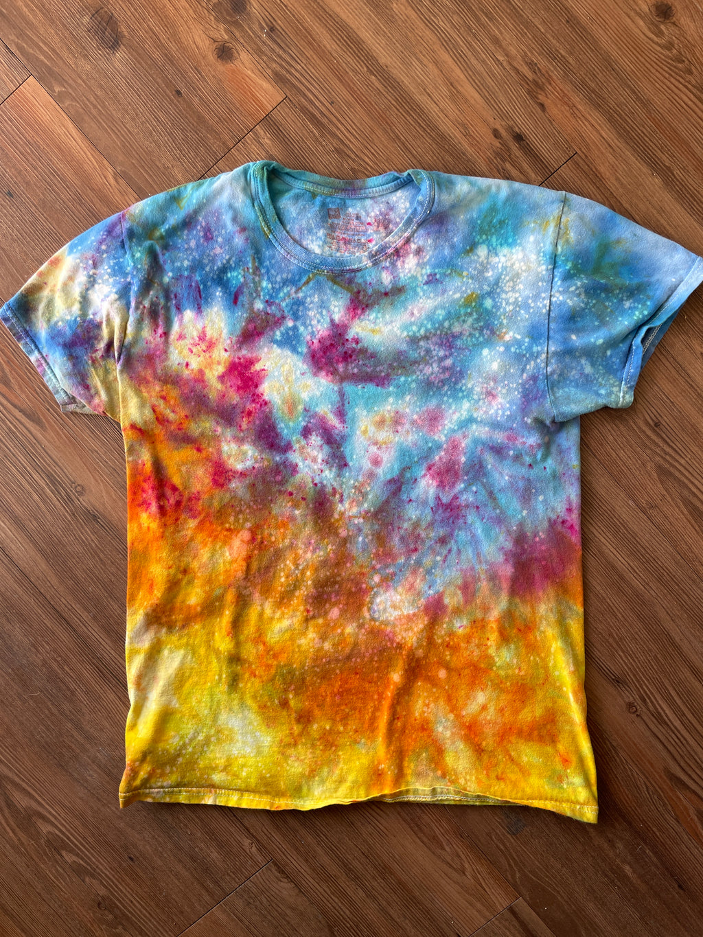 MEDIUM Men's Sunrise Galaxy Tie Dye T-Shirt | Blue, Pink and Yellow Ice Dye Short Sleeve