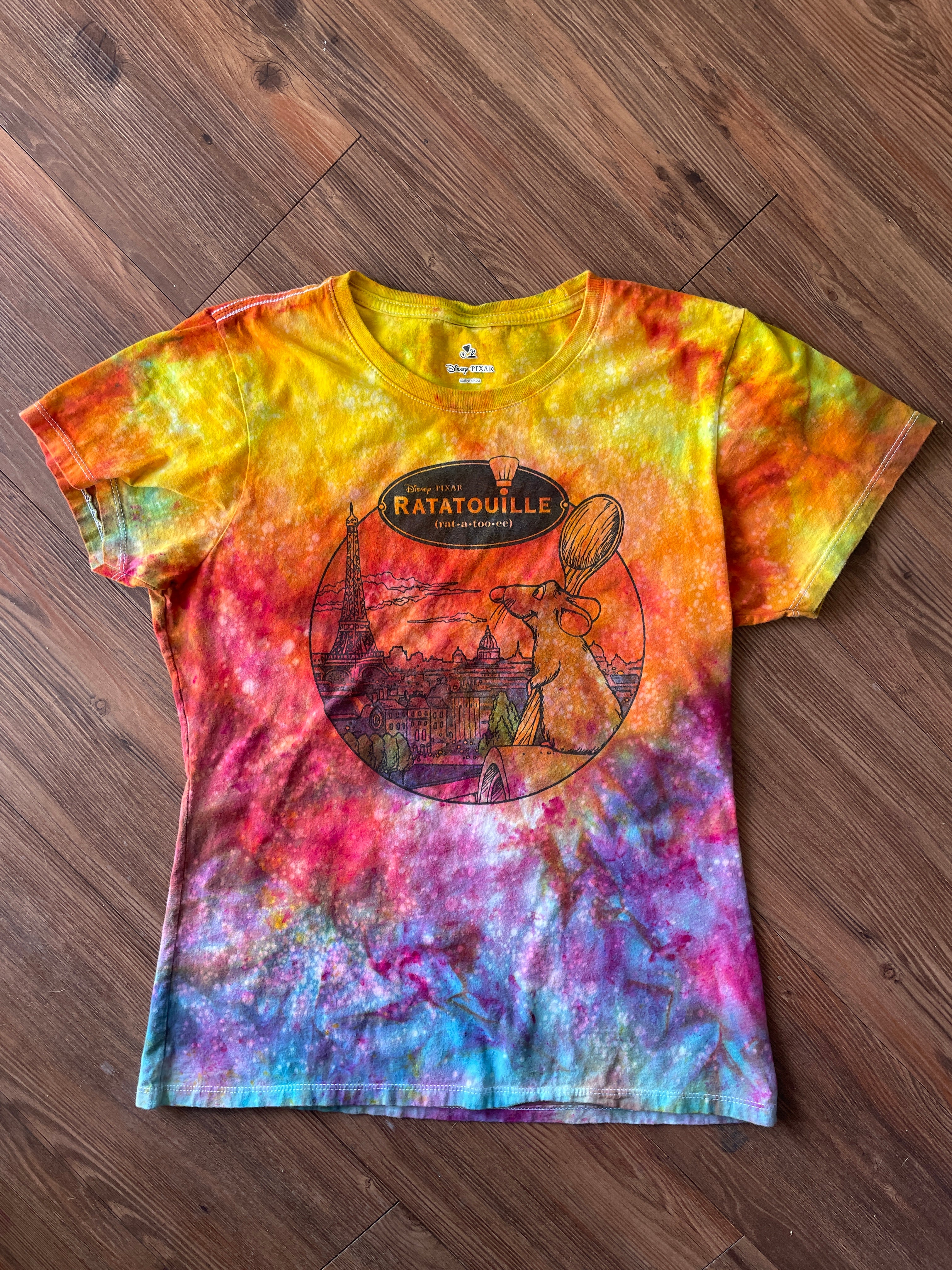 MEDIUM Women's Ratatoille Parise Sunrise Galaxy Tie Dye T-Shirt | Blue, Pink and Yellow Ice Dye Short Sleeve