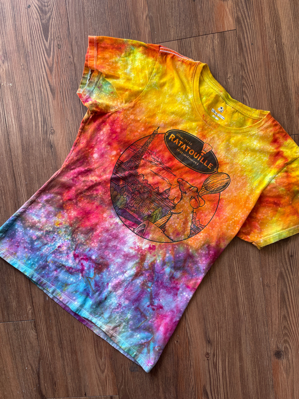 MEDIUM Women's Ratatoille Parise Sunrise Galaxy Tie Dye T-Shirt | Blue, Pink and Yellow Ice Dye Short Sleeve