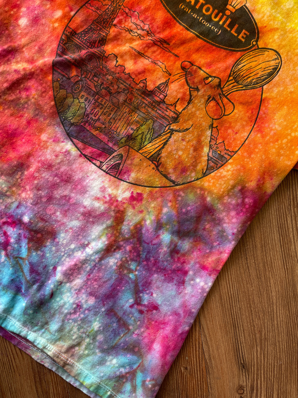 MEDIUM Women's Ratatoille Parise Sunrise Galaxy Tie Dye T-Shirt | Blue, Pink and Yellow Ice Dye Short Sleeve