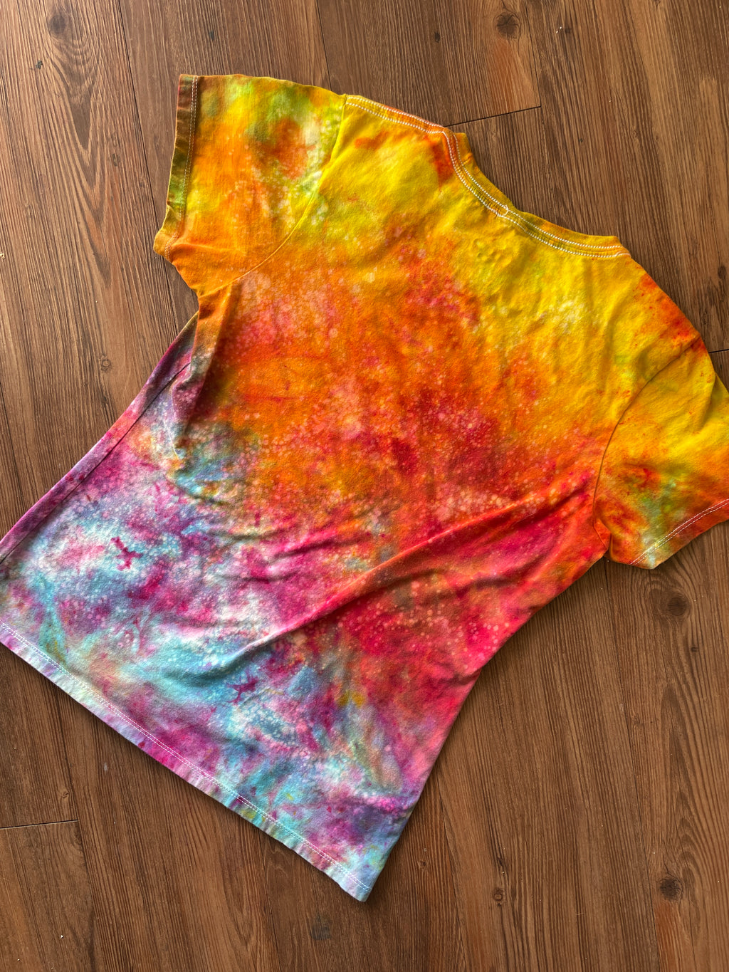 MEDIUM Women's Ratatoille Parise Sunrise Galaxy Tie Dye T-Shirt | Blue, Pink and Yellow Ice Dye Short Sleeve