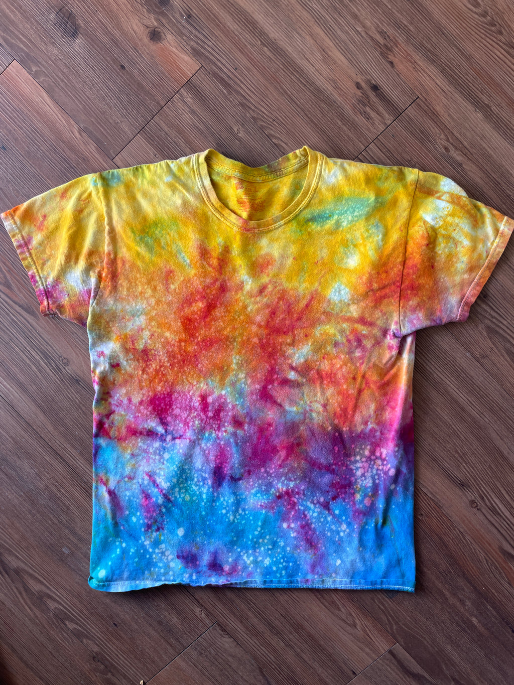 MEDIUM Men's Sunrise Galaxy Tie Dye T-Shirt | Blue, Pink and Yellow Ice Dye Short Sleeve