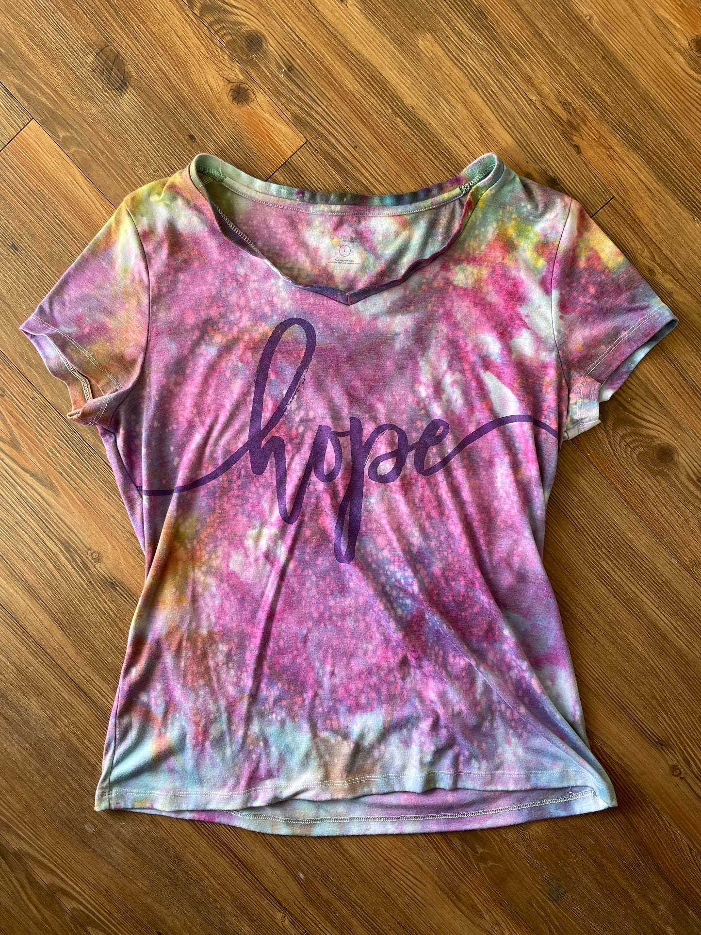 LARGE Women's HOPE Galaxy Tie Dye T-Shirt | Pink and Purple Ice Dye Short Sleeve