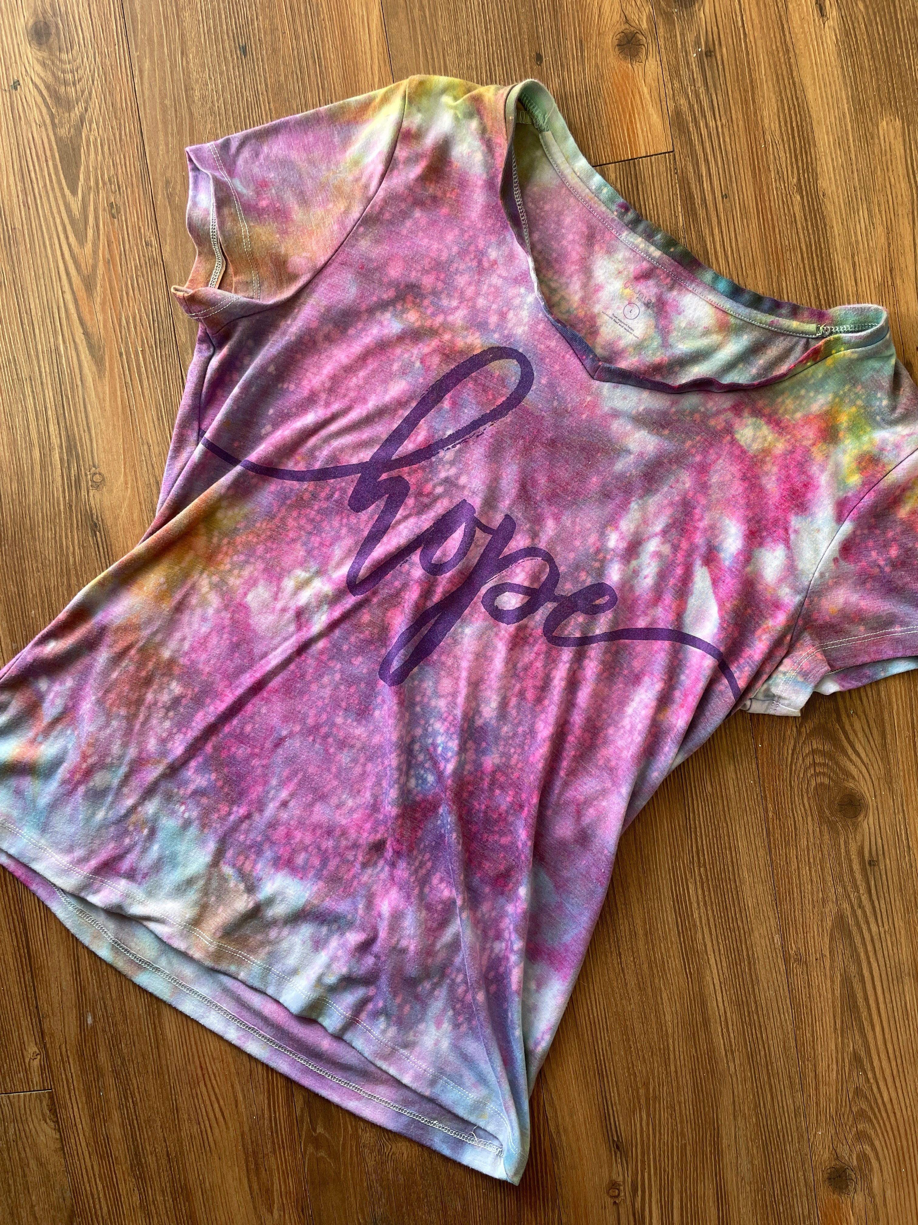 LARGE Women's HOPE Galaxy Tie Dye T-Shirt | Pink and Purple Ice Dye Short Sleeve