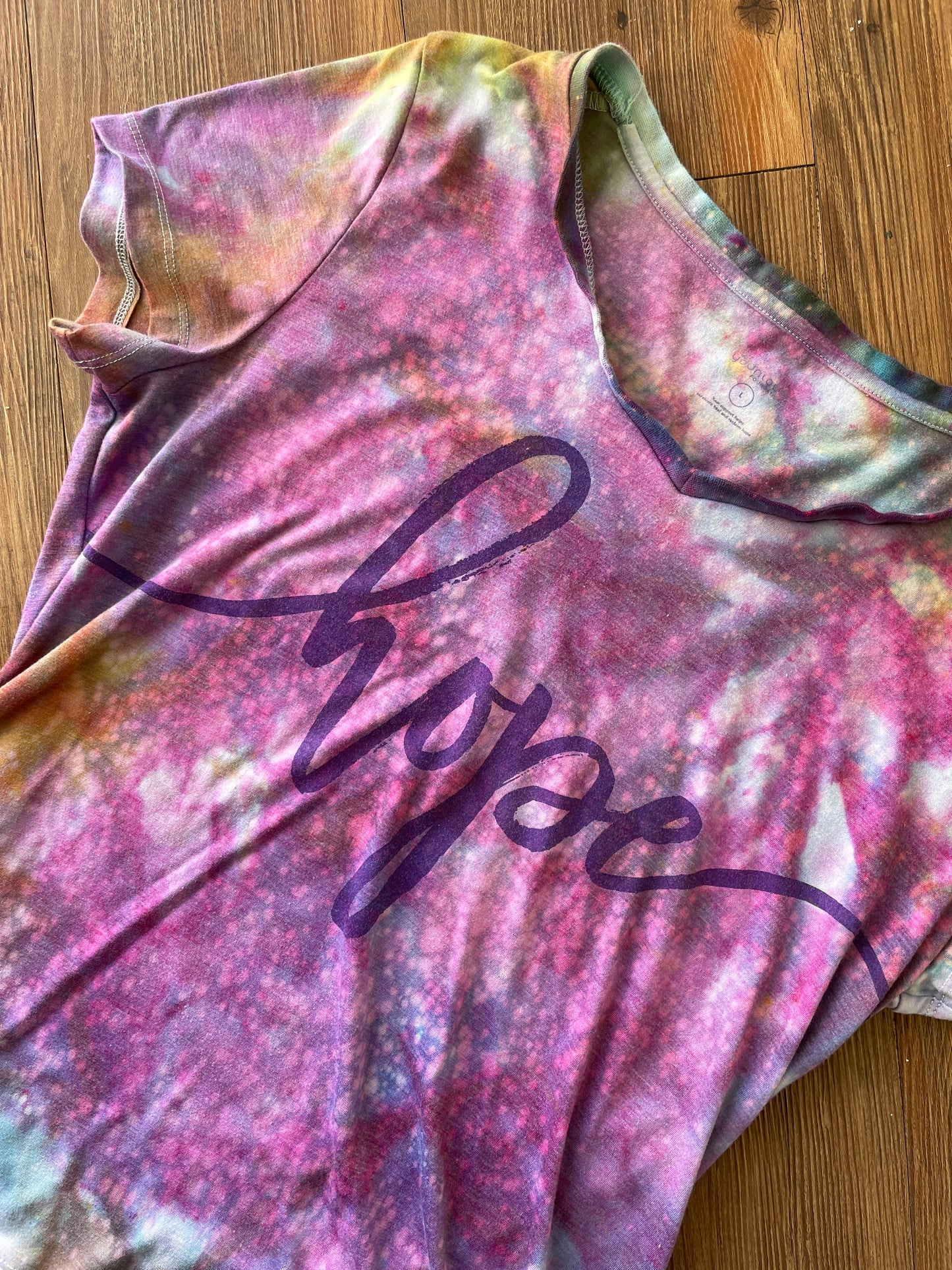 LARGE Women's HOPE Galaxy Tie Dye T-Shirt | Pink and Purple Ice Dye Short Sleeve