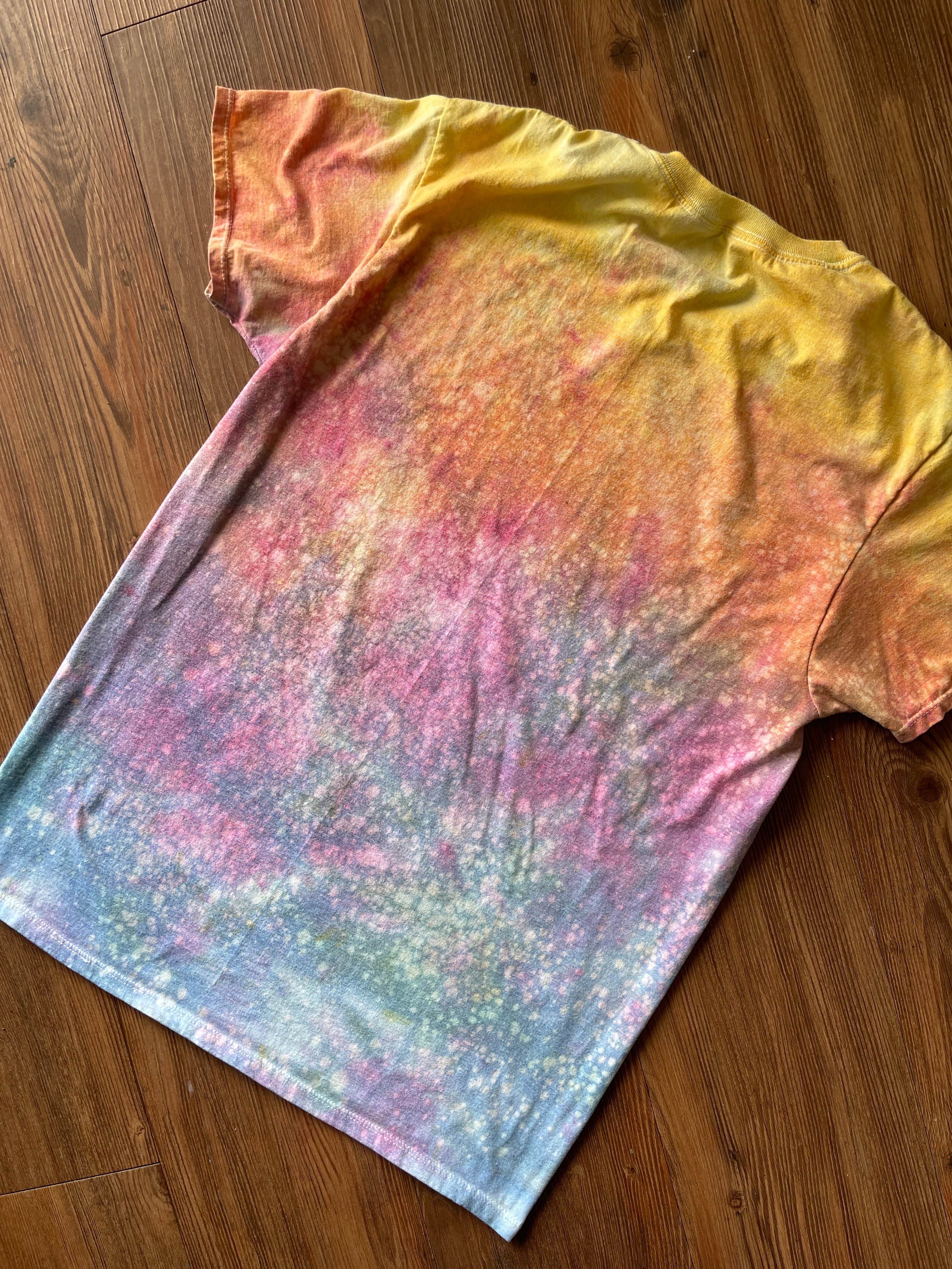 MEDIUM Men's Pastel Sunrise Galaxy Tie Dye T-Shirt | Blue, Pink and Yellow Ice Dye Short Sleeve