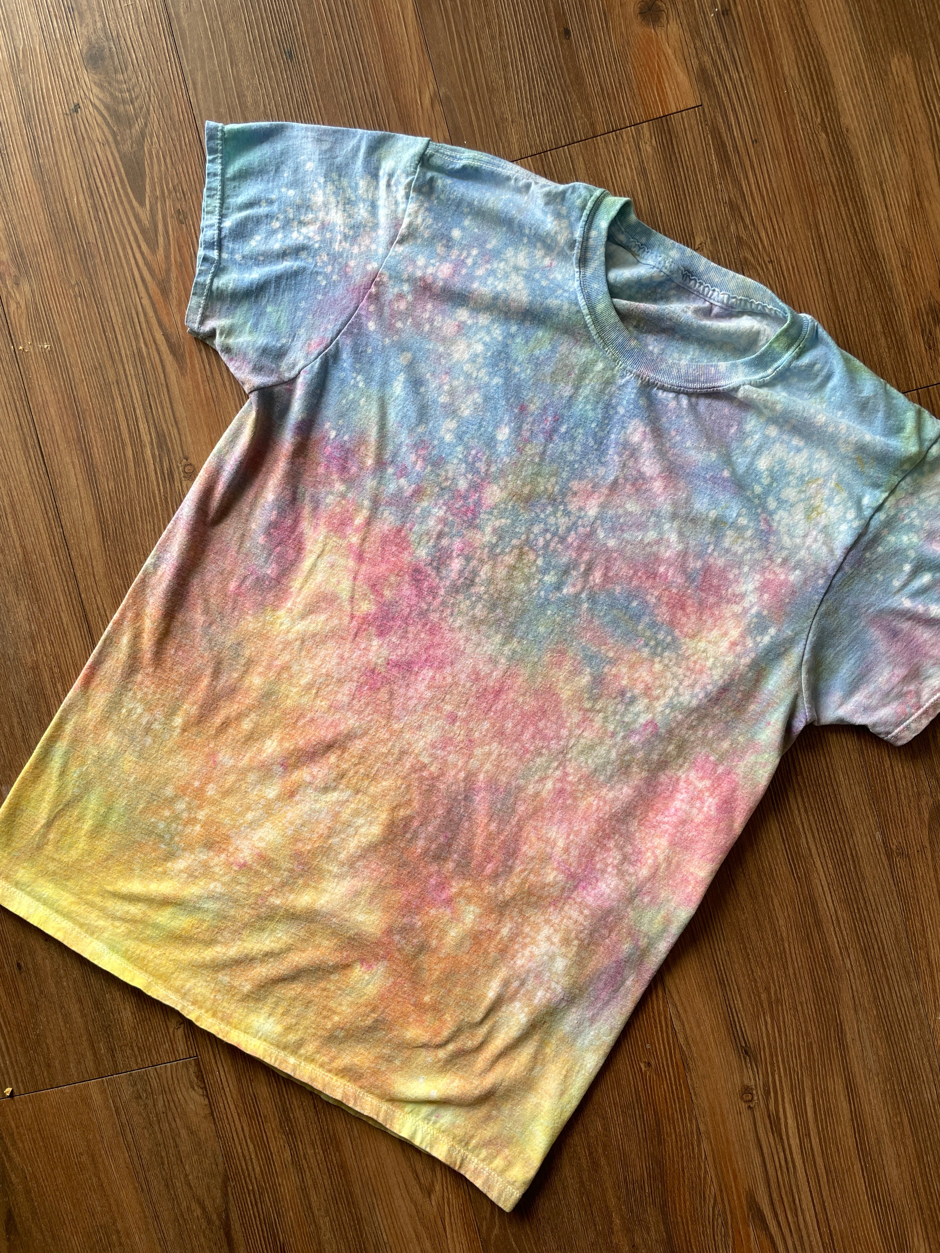 MEDIUM Men's Pastel Sunrise Galaxy Tie Dye T-Shirt | Blue, Pink and Yellow Ice Dye Short Sleeve