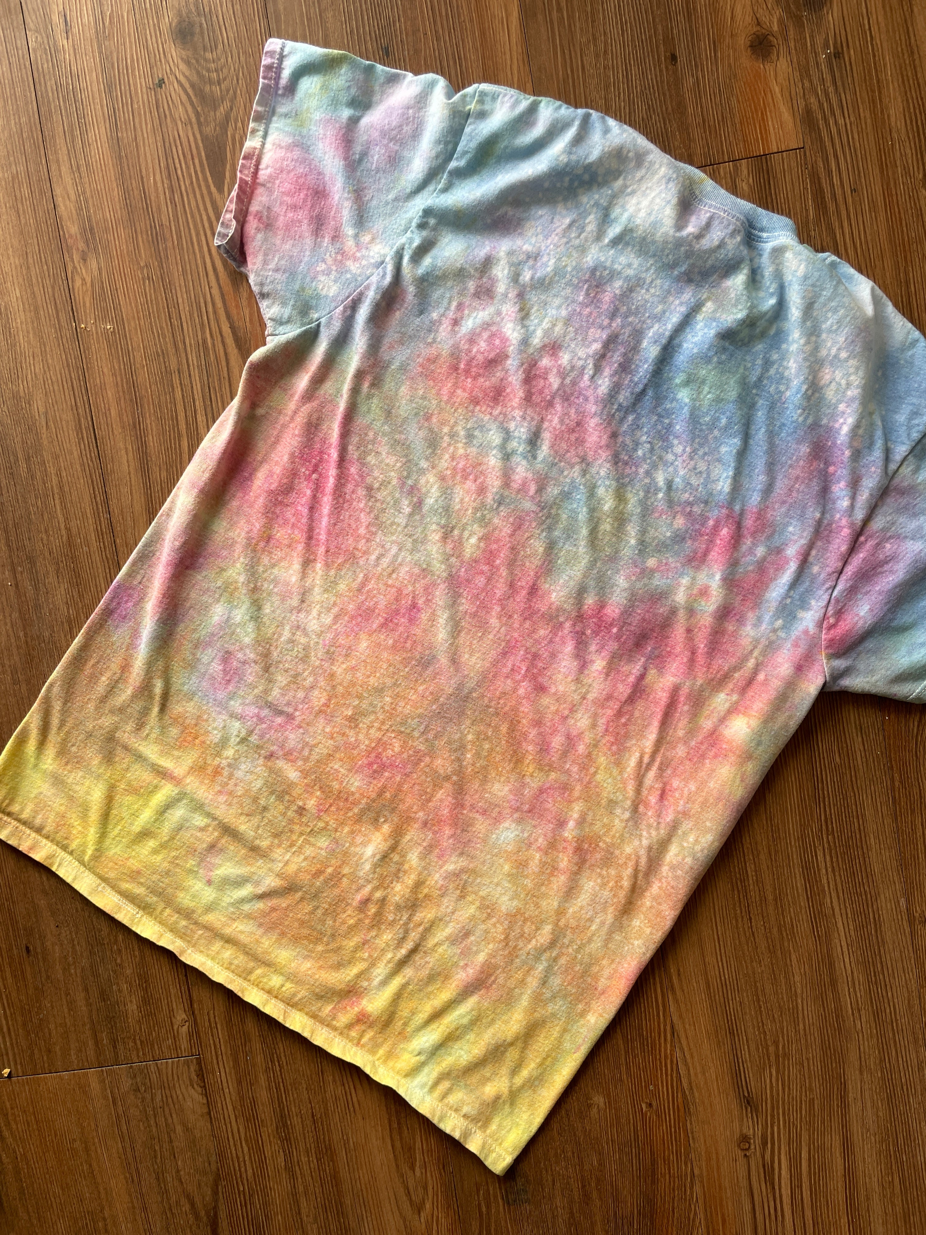 MEDIUM Men's Pastel Sunrise Galaxy Tie Dye T-Shirt | Blue, Pink and Yellow Ice Dye Short Sleeve