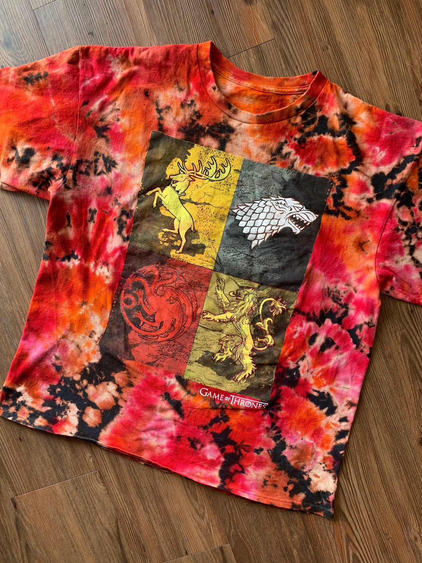 Game of Thrones Houses Handmade Reverse Tie Dye t-shirt | Bleach Acid Dye Men's L/XL Short Sleeve Top | Upcycled & Tie Dyed by Hand
