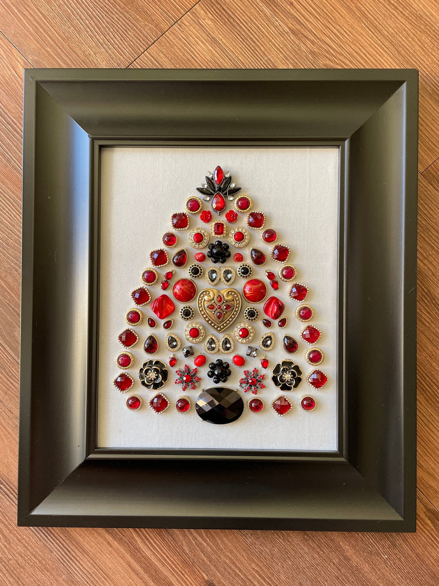 Black, Red, and Gold Framed Jewelry Christmas Tree Handmade with Over 50 Pieces of Vintage & Upcycled Jewelry