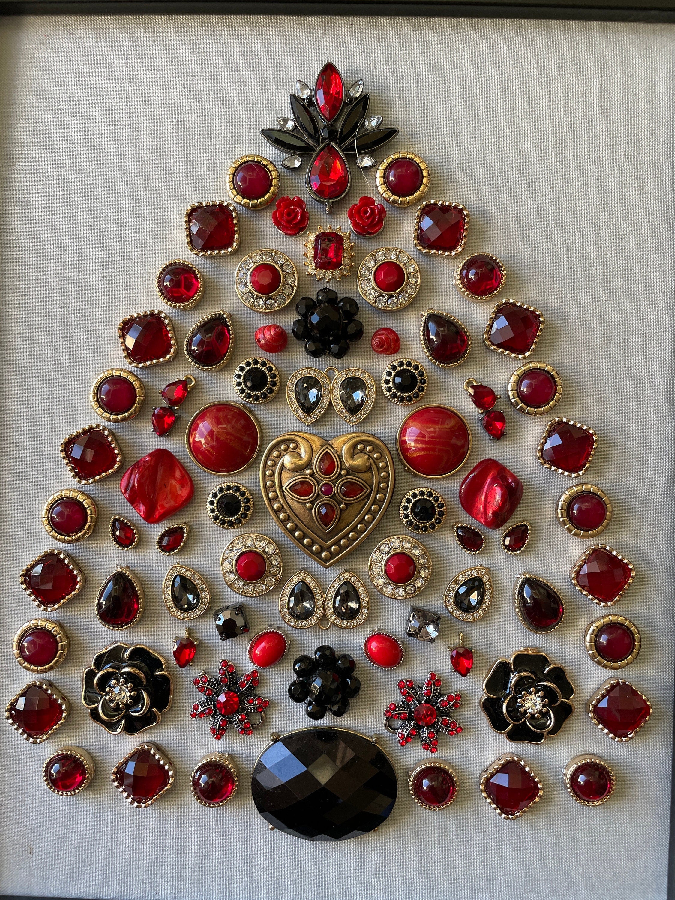 Black, Red, and Gold Framed Jewelry Christmas Tree Handmade with Over 50 Pieces of Vintage & Upcycled Jewelry