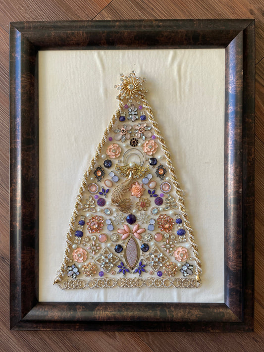 White, Purple, and Gold Framed Jewelry Christmas Tree Handmade with Over 70 Pieces of Vintage & Upcycled Jewelry