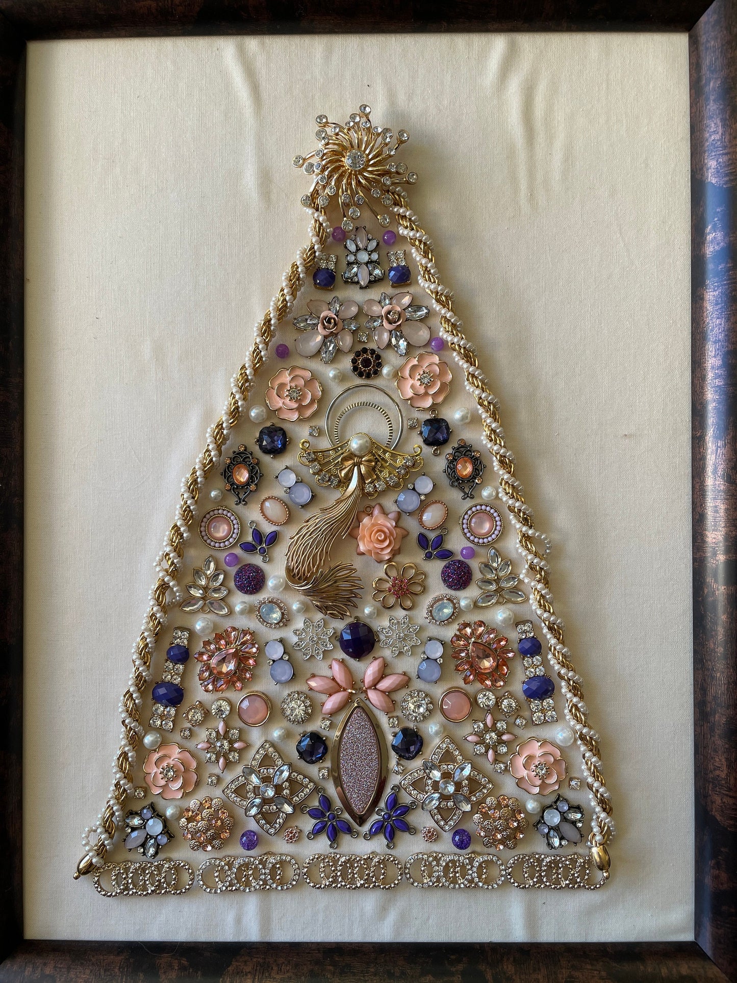 White, Purple, and Gold Framed Jewelry Christmas Tree Handmade with Over 70 Pieces of Vintage & Upcycled Jewelry