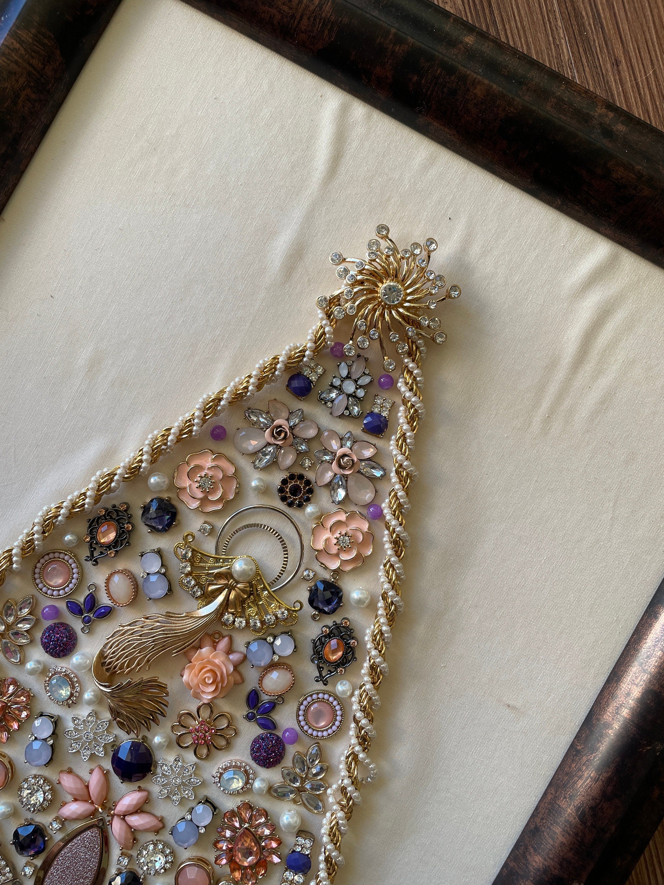 White, Purple, and Gold Framed Jewelry Christmas Tree Handmade with Over 70 Pieces of Vintage & Upcycled Jewelry