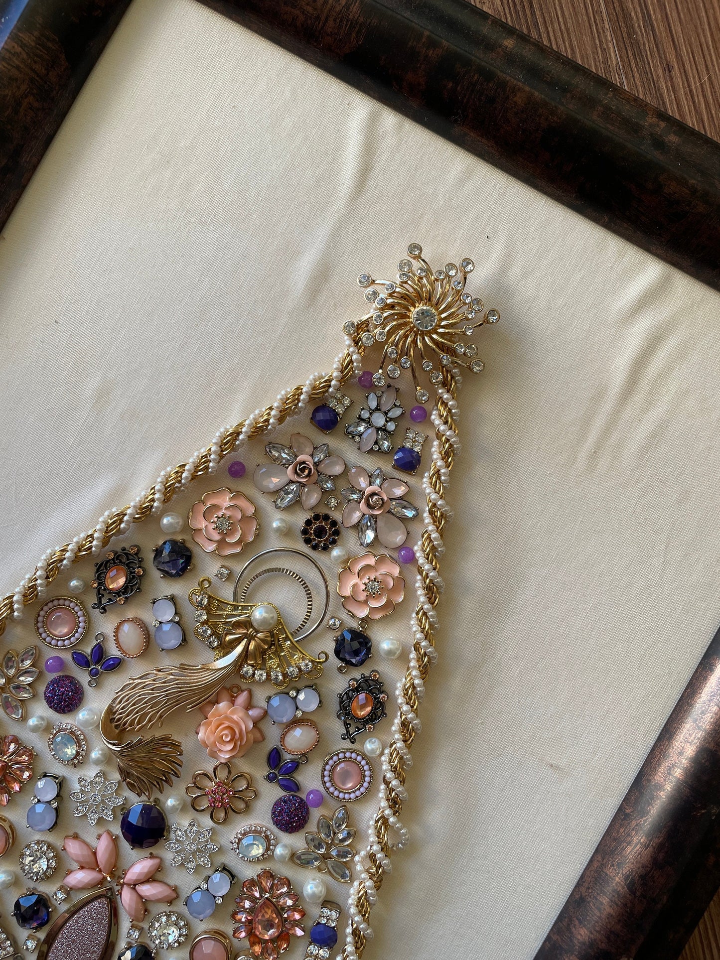White, Purple, and Gold Framed Jewelry Christmas Tree Handmade with Over 70 Pieces of Vintage & Upcycled Jewelry