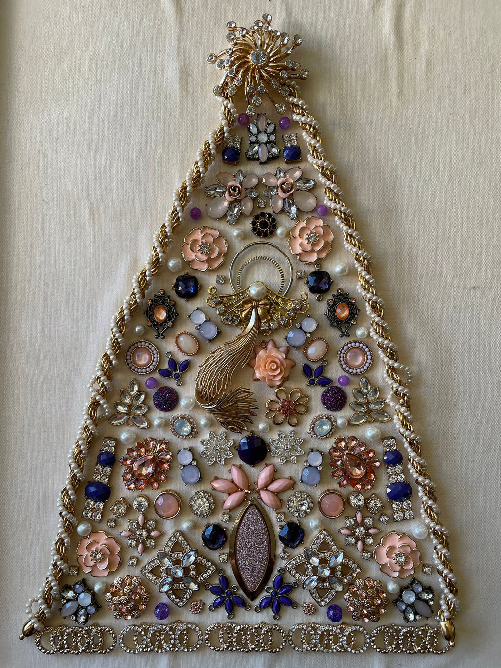 White, Purple, and Gold Framed Jewelry Christmas Tree Handmade with Over 70 Pieces of Vintage & Upcycled Jewelry