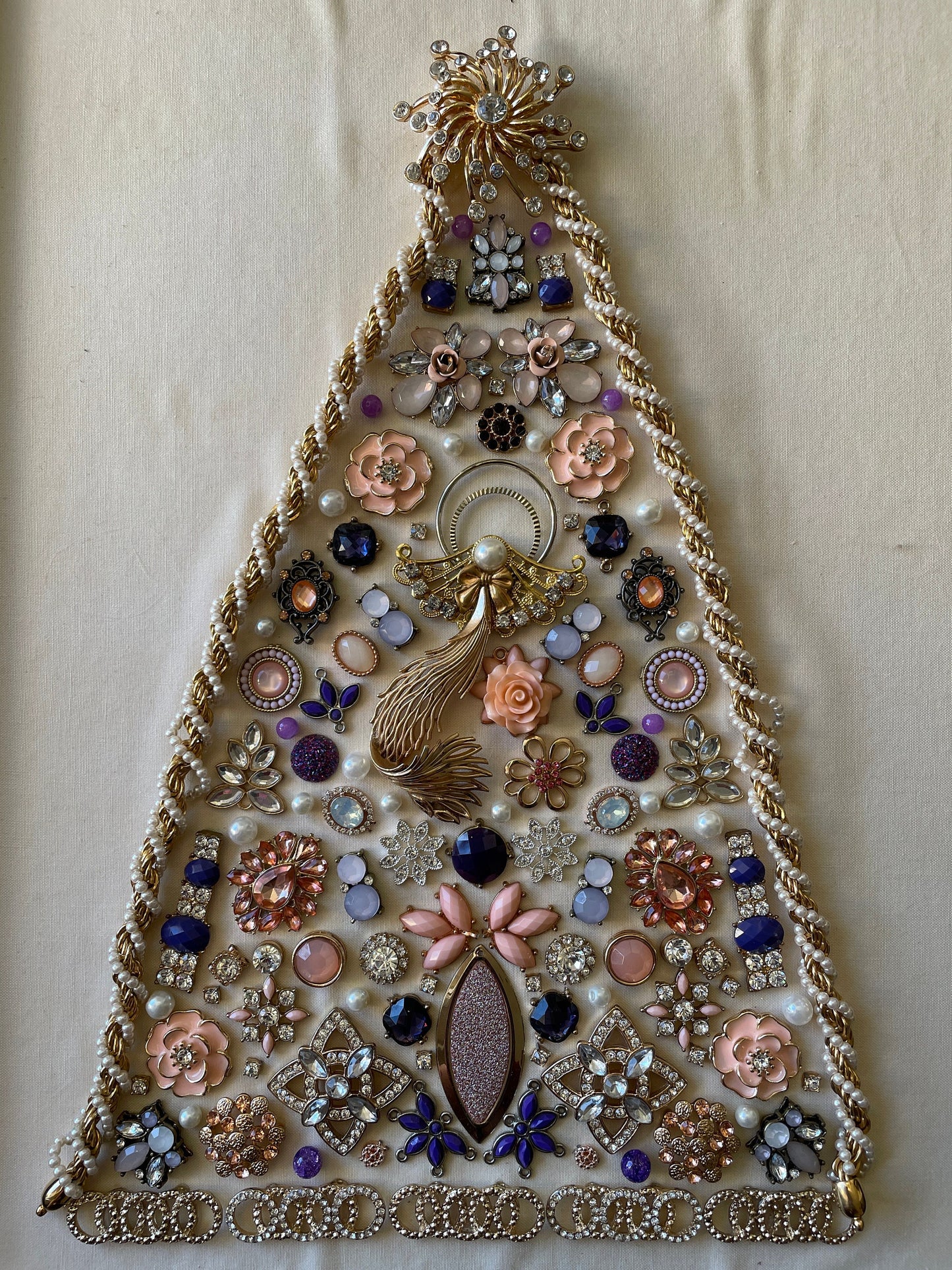 White, Purple, and Gold Framed Jewelry Christmas Tree Handmade with Over 70 Pieces of Vintage & Upcycled Jewelry