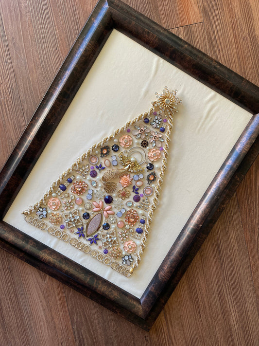 White, Purple, and Gold Framed Jewelry Christmas Tree Handmade with Over 70 Pieces of Vintage & Upcycled Jewelry