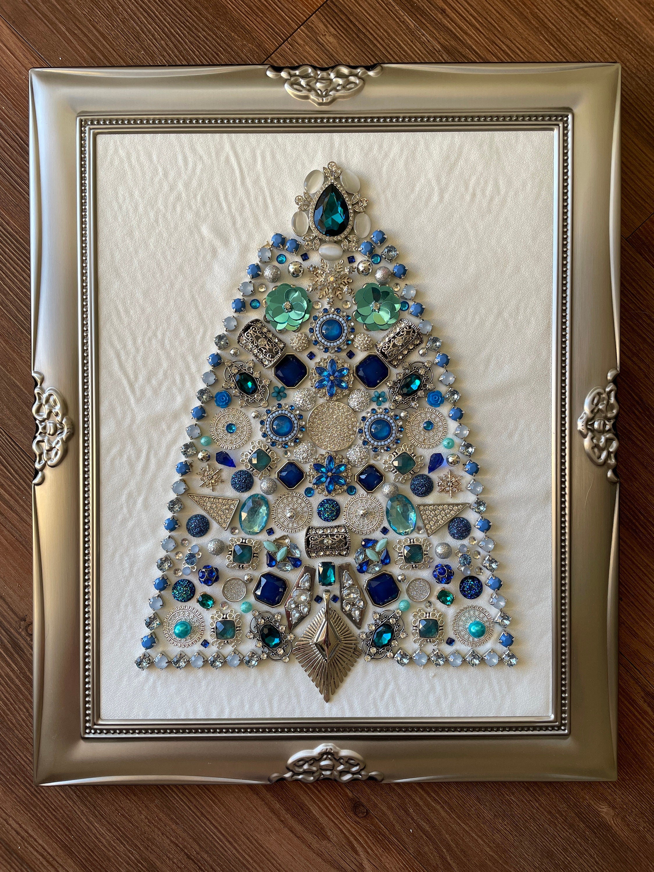 Blue and Silver Framed Jewelry Christmas Tree Handmade with Over 60 Pieces of Vintage & Upcycled Jewelry