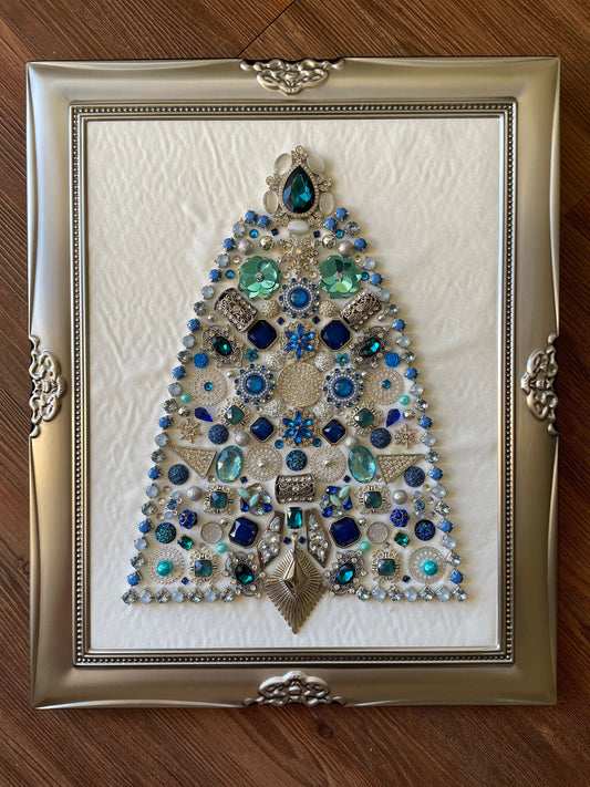 Blue and Silver Framed Jewelry Christmas Tree Handmade with Over 60 Pieces of Vintage & Upcycled Jewelry
