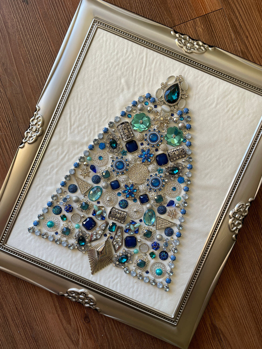 Blue and Silver Framed Jewelry Christmas Tree Handmade with Over 60 Pieces of Vintage & Upcycled Jewelry