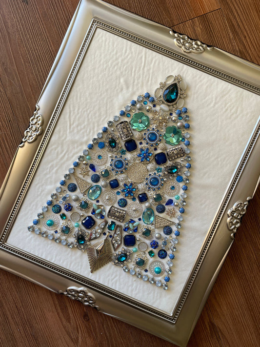 Blue and Silver Framed Jewelry Christmas Tree Handmade with Over 60 Pieces of Vintage & Upcycled Jewelry