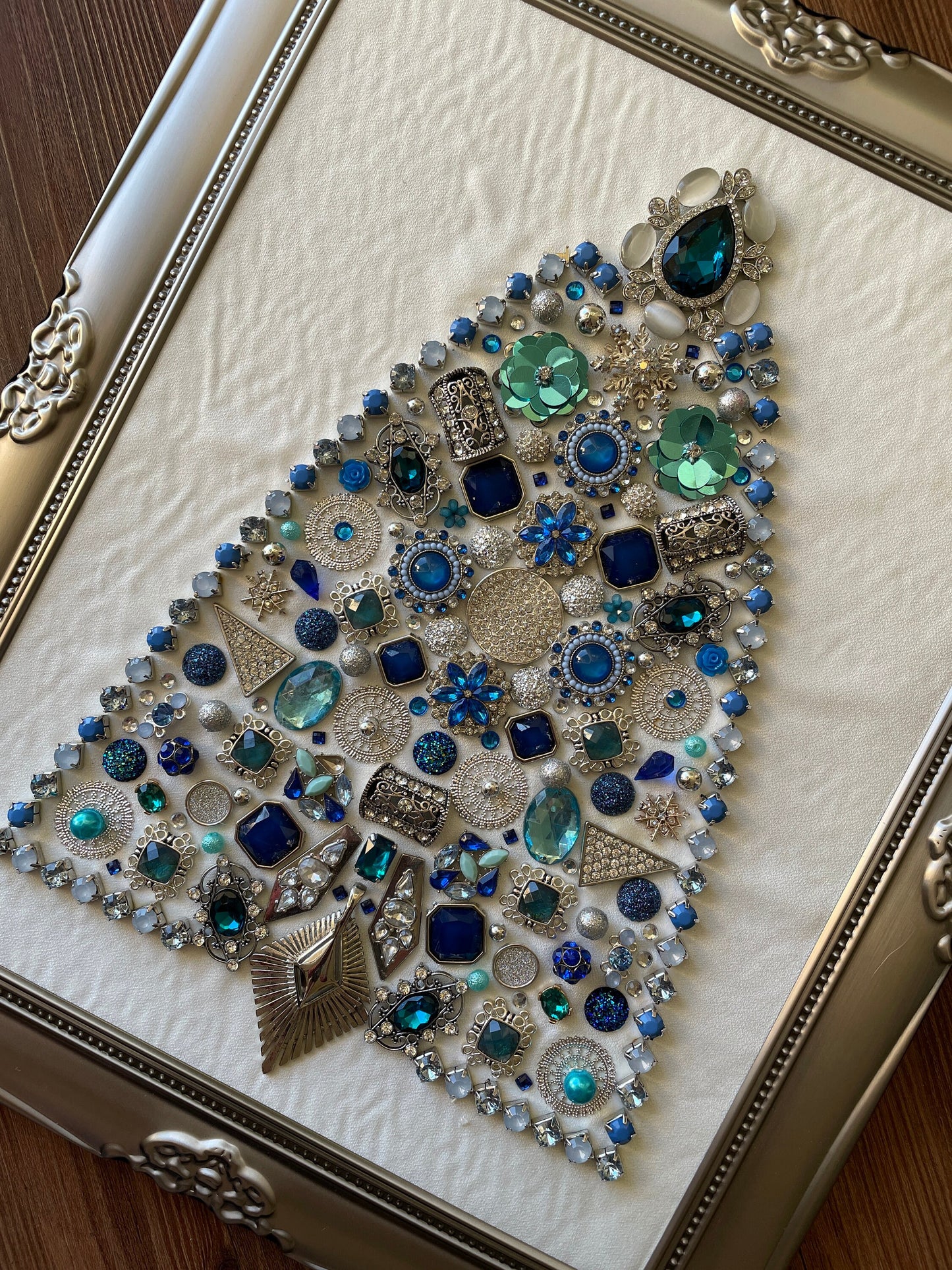 Blue and Silver Framed Jewelry Christmas Tree Handmade with Over 60 Pieces of Vintage & Upcycled Jewelry