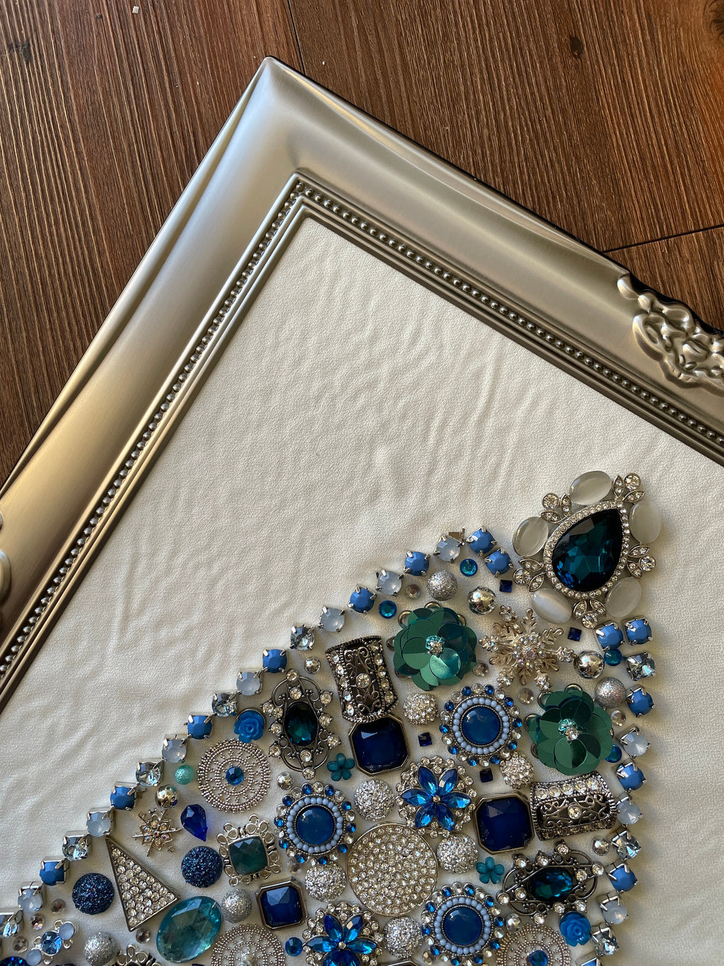 Blue and Silver Framed Jewelry Christmas Tree Handmade with Over 60 Pieces of Vintage & Upcycled Jewelry