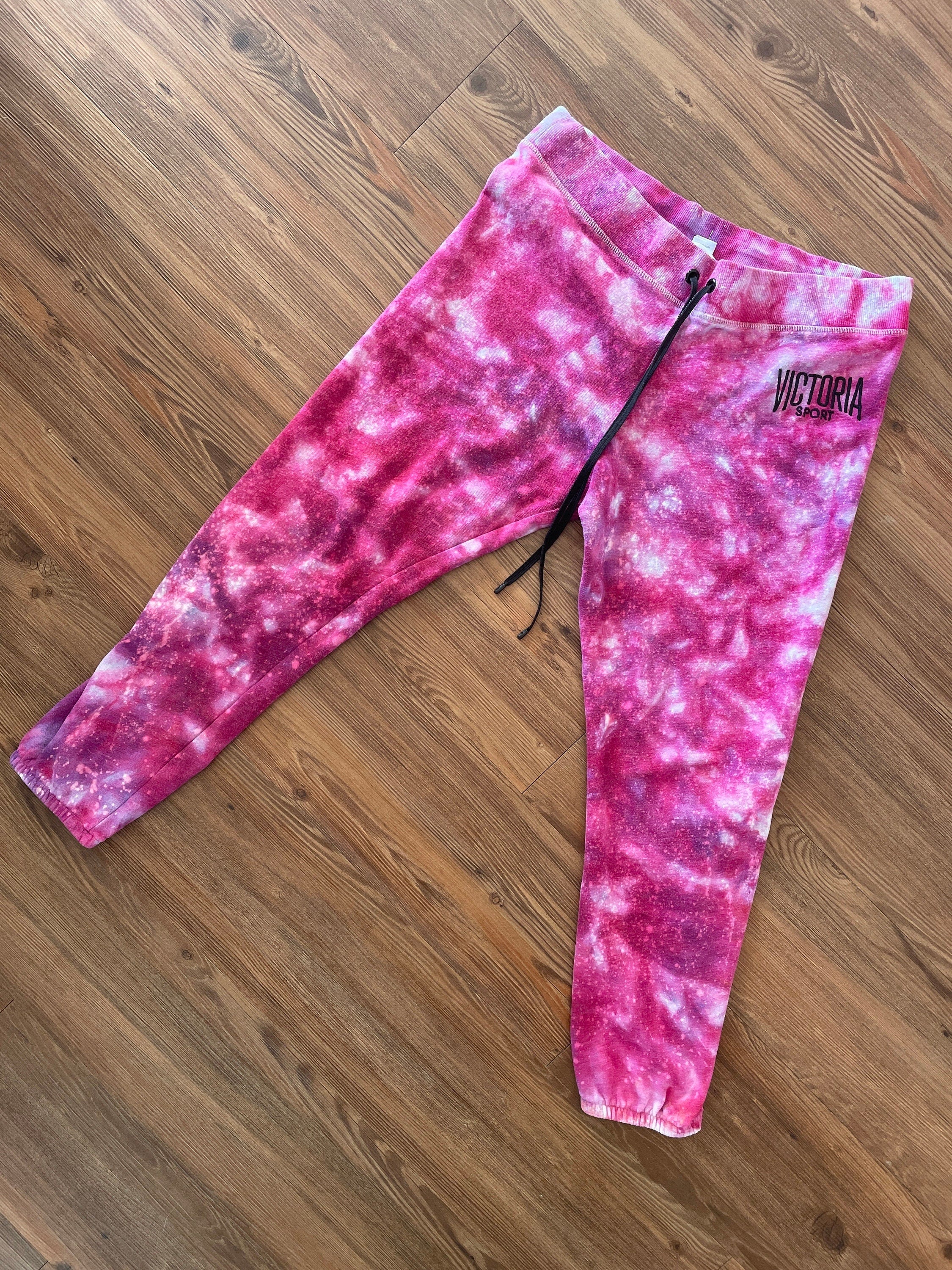 Pink Galaxy Victoria Sport Handmade Ice Dye Jogger Pants | Reverse Tie Dye Women’s Size Large Loungewear | Sustainably Made