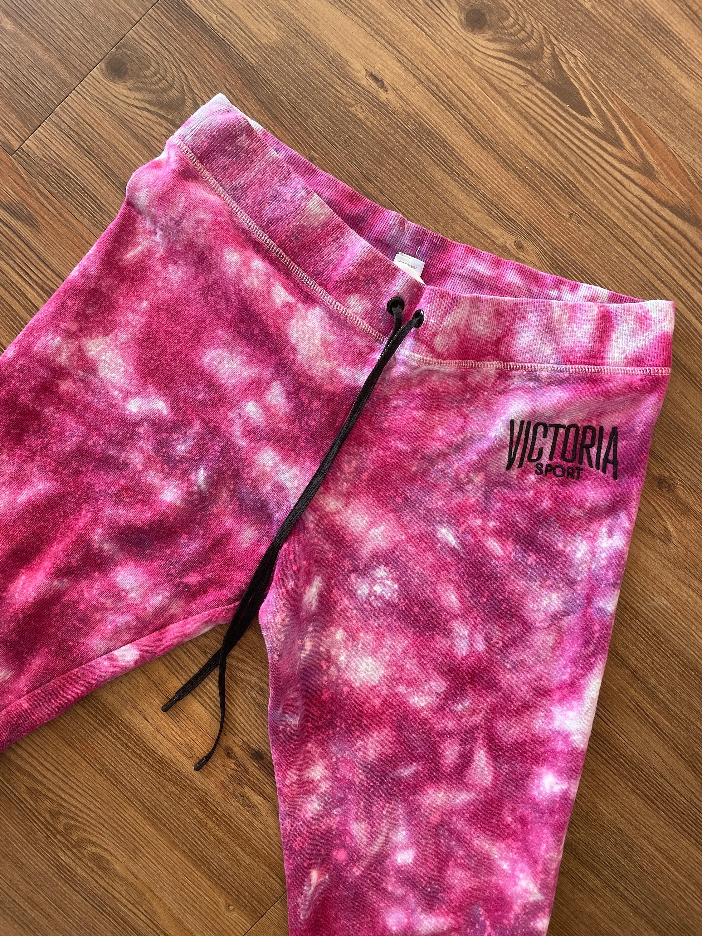 Pink Galaxy Victoria Sport Handmade Ice Dye Jogger Pants | Reverse Tie Dye Women’s Size Large Loungewear | Sustainably Made