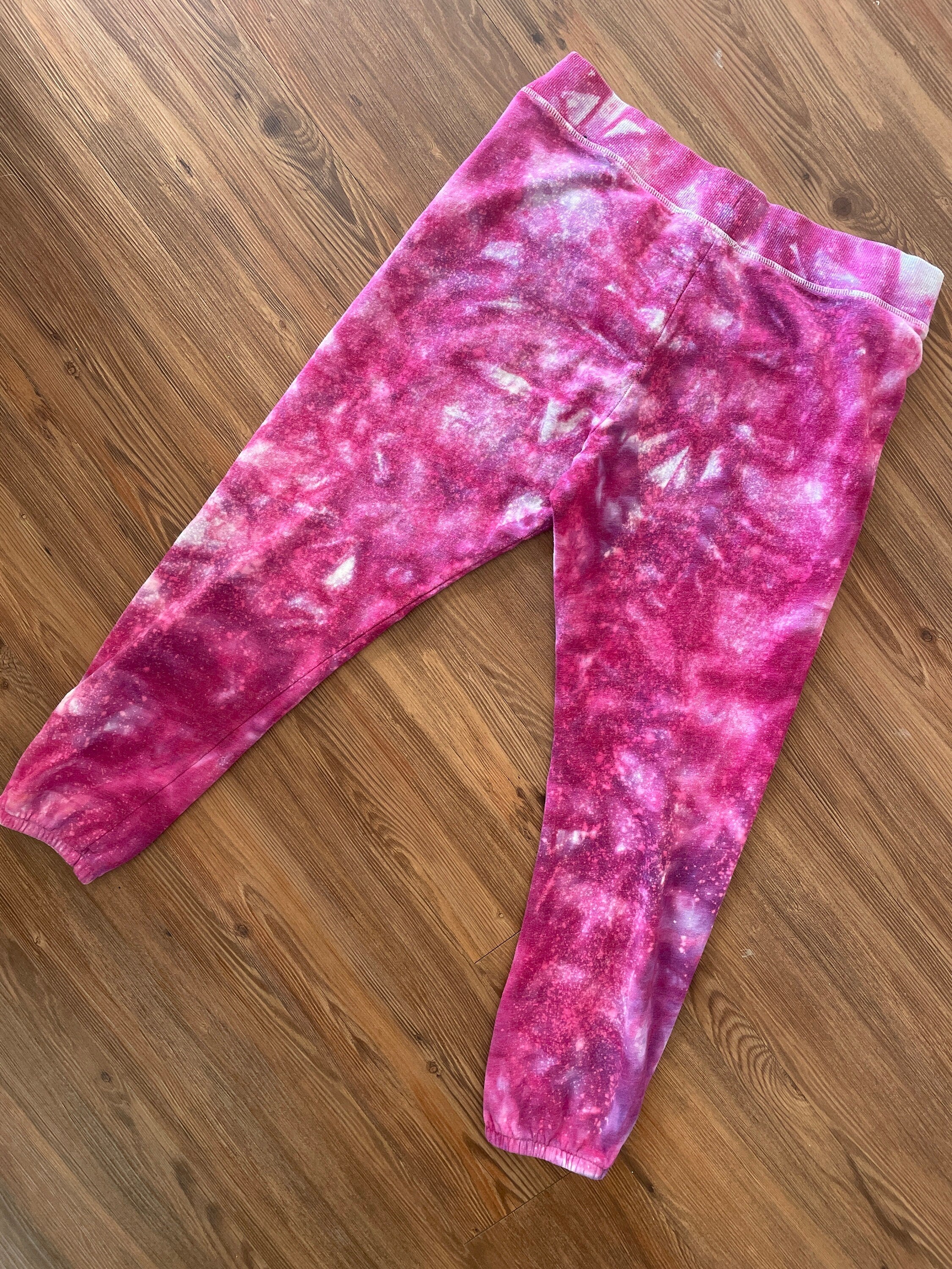 Pink Galaxy Victoria Sport Handmade Ice Dye Jogger Pants | Reverse Tie Dye Women’s Size Large Loungewear | Sustainably Made