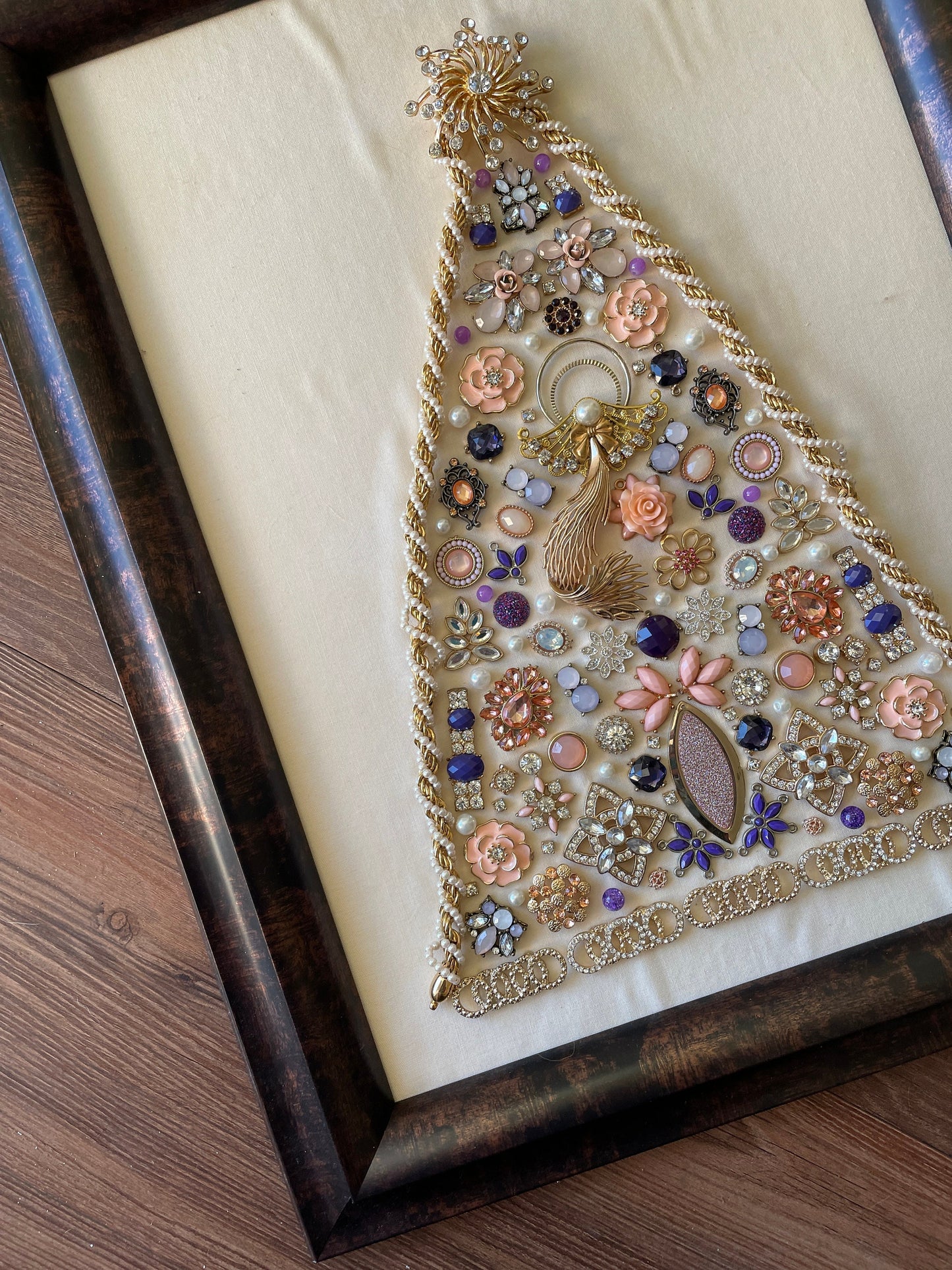 White, Purple, and Gold Framed Jewelry Christmas Tree Handmade with Over 70 Pieces of Vintage & Upcycled Jewelry
