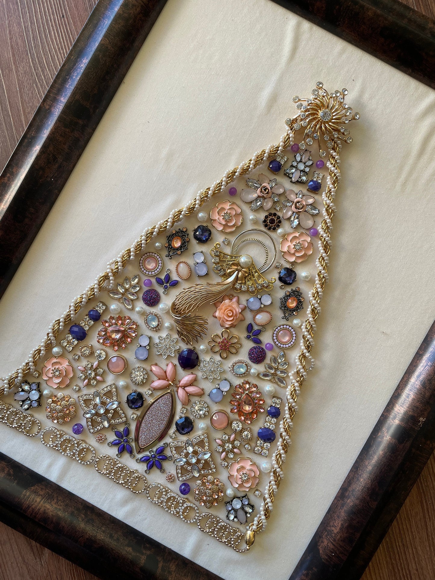 White, Purple, and Gold Framed Jewelry Christmas Tree Handmade with Over 70 Pieces of Vintage & Upcycled Jewelry