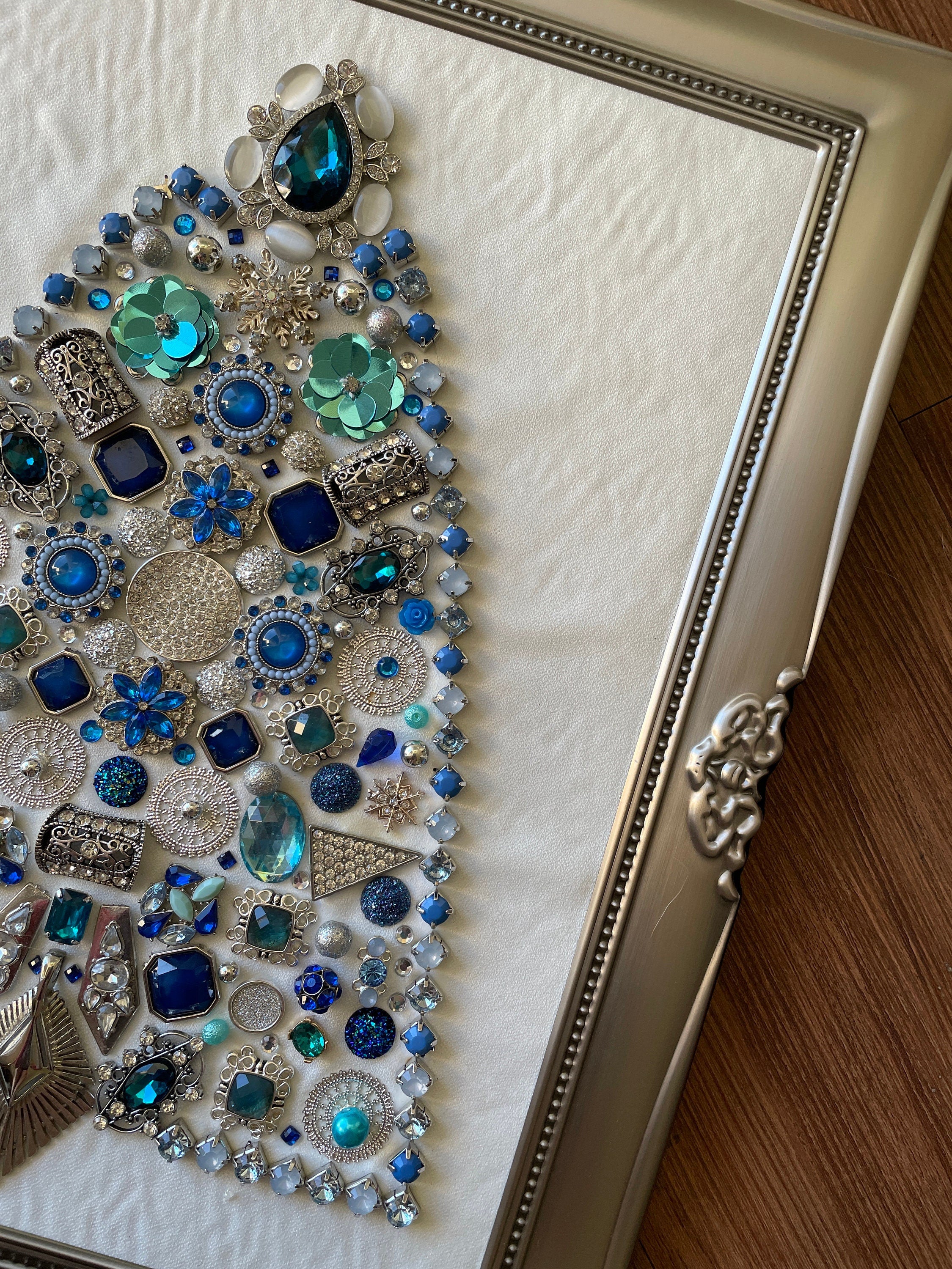 Blue and Silver Framed Jewelry Christmas Tree Handmade with Over 60 Pieces of Vintage & Upcycled Jewelry