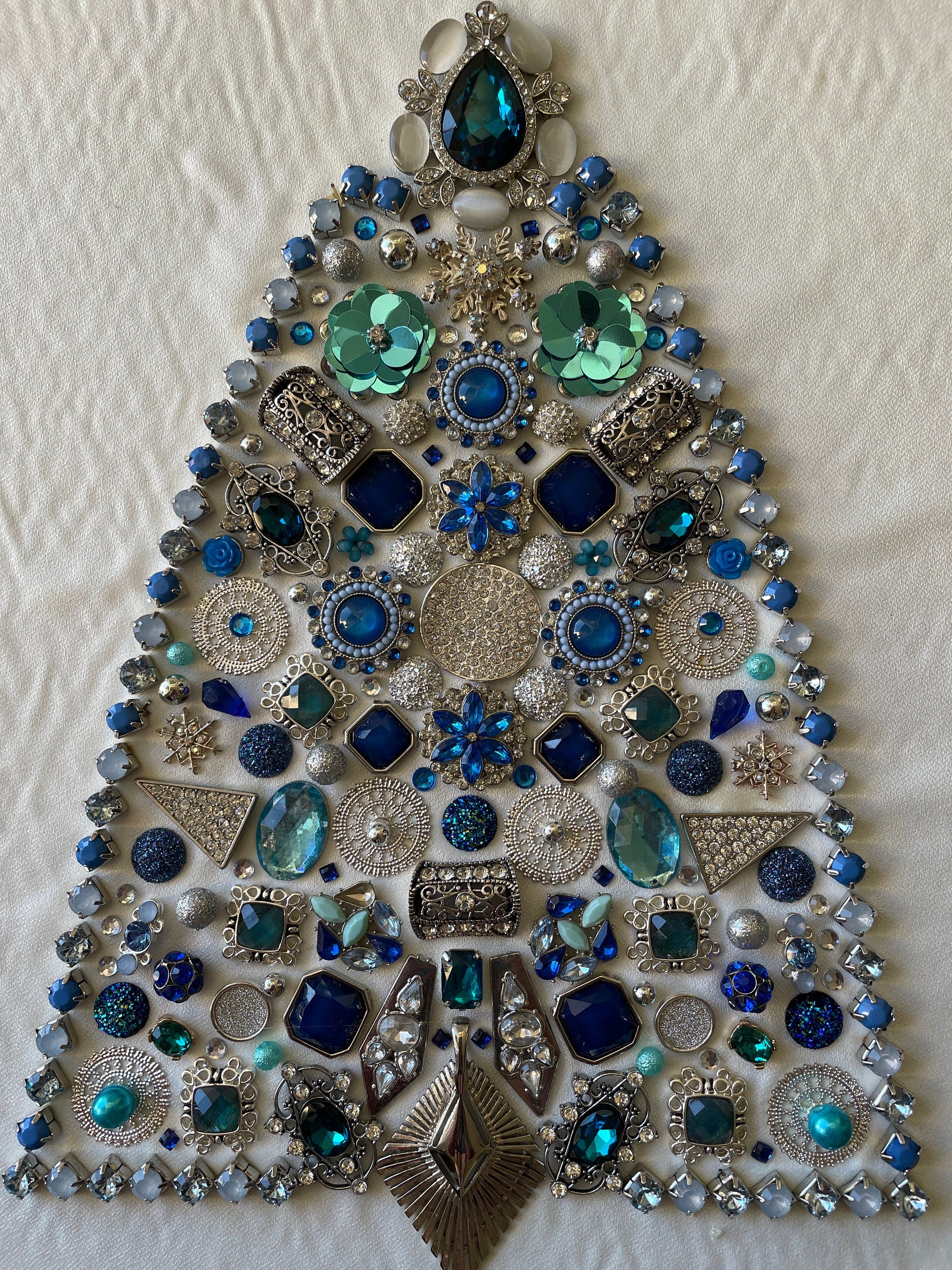 Blue and Silver Framed Jewelry Christmas Tree Handmade with Over 60 Pieces of Vintage & Upcycled Jewelry