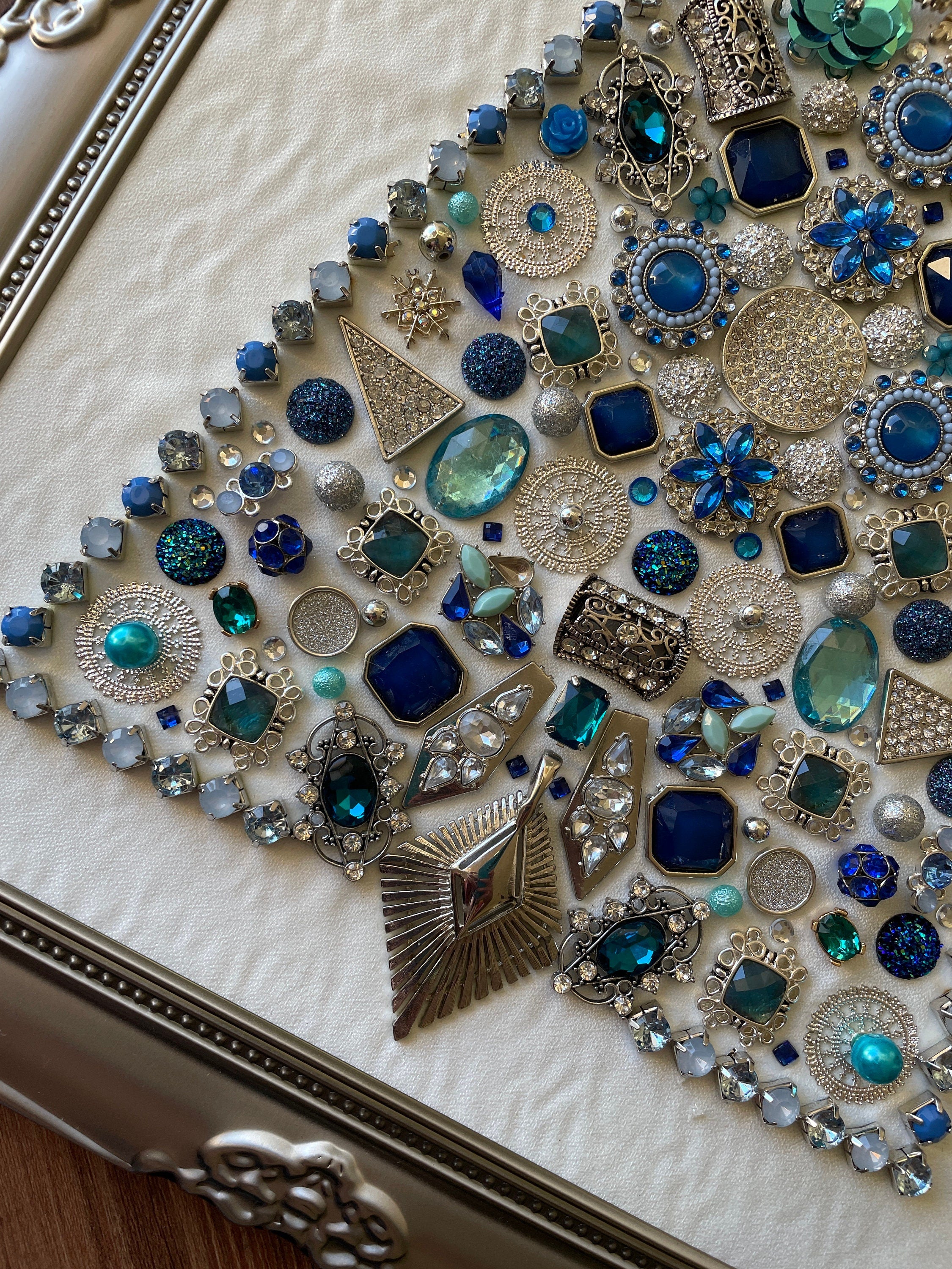 Blue and Silver Framed Jewelry Christmas Tree Handmade with Over 60 Pieces of Vintage & Upcycled Jewelry